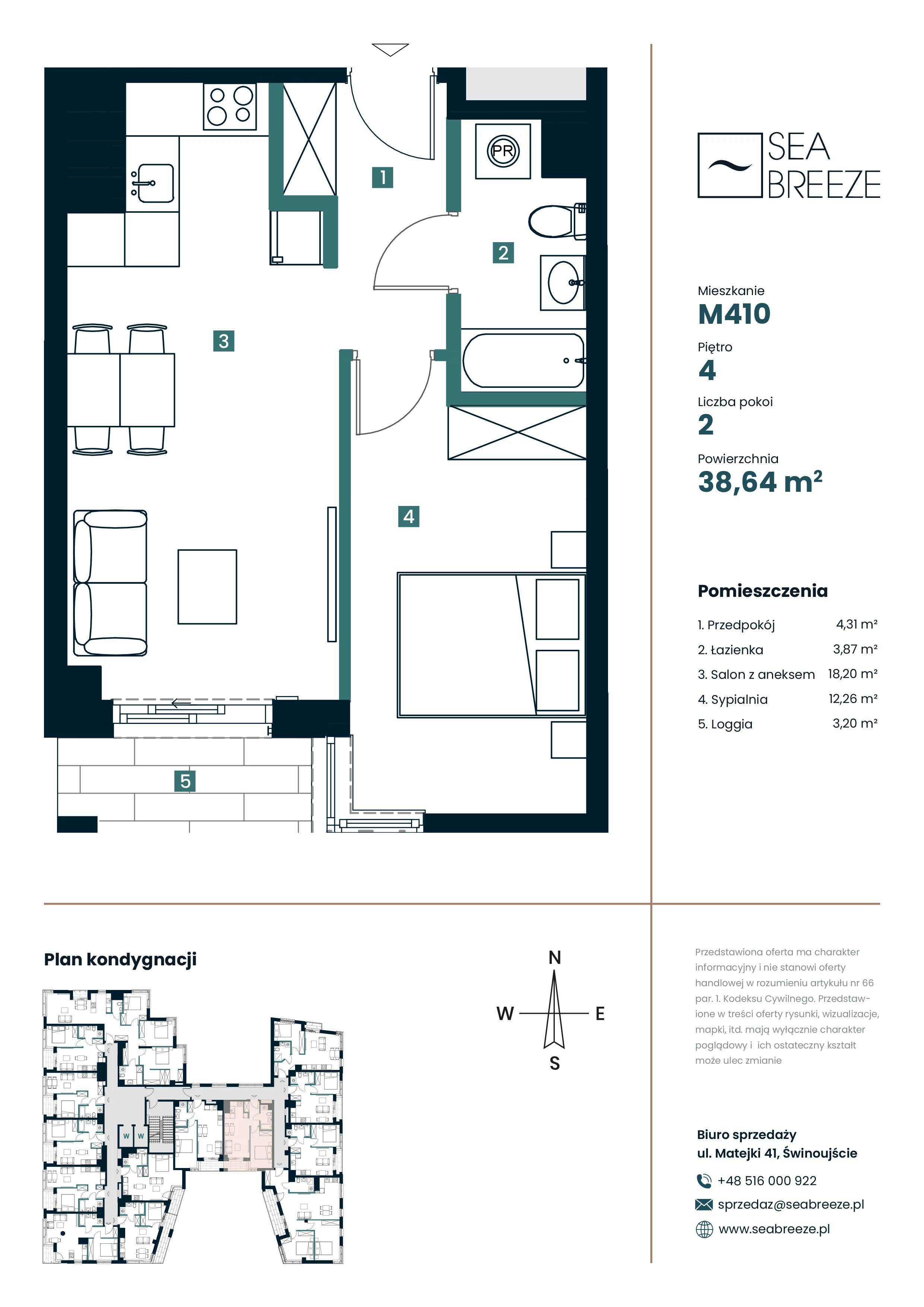 2 pokoje, mieszkanie 38,64 m², piętro 4, oferta nr M410, SeaBreeze, Świnoujście, Osiedle Matejki, ul. Jana Matejki 41