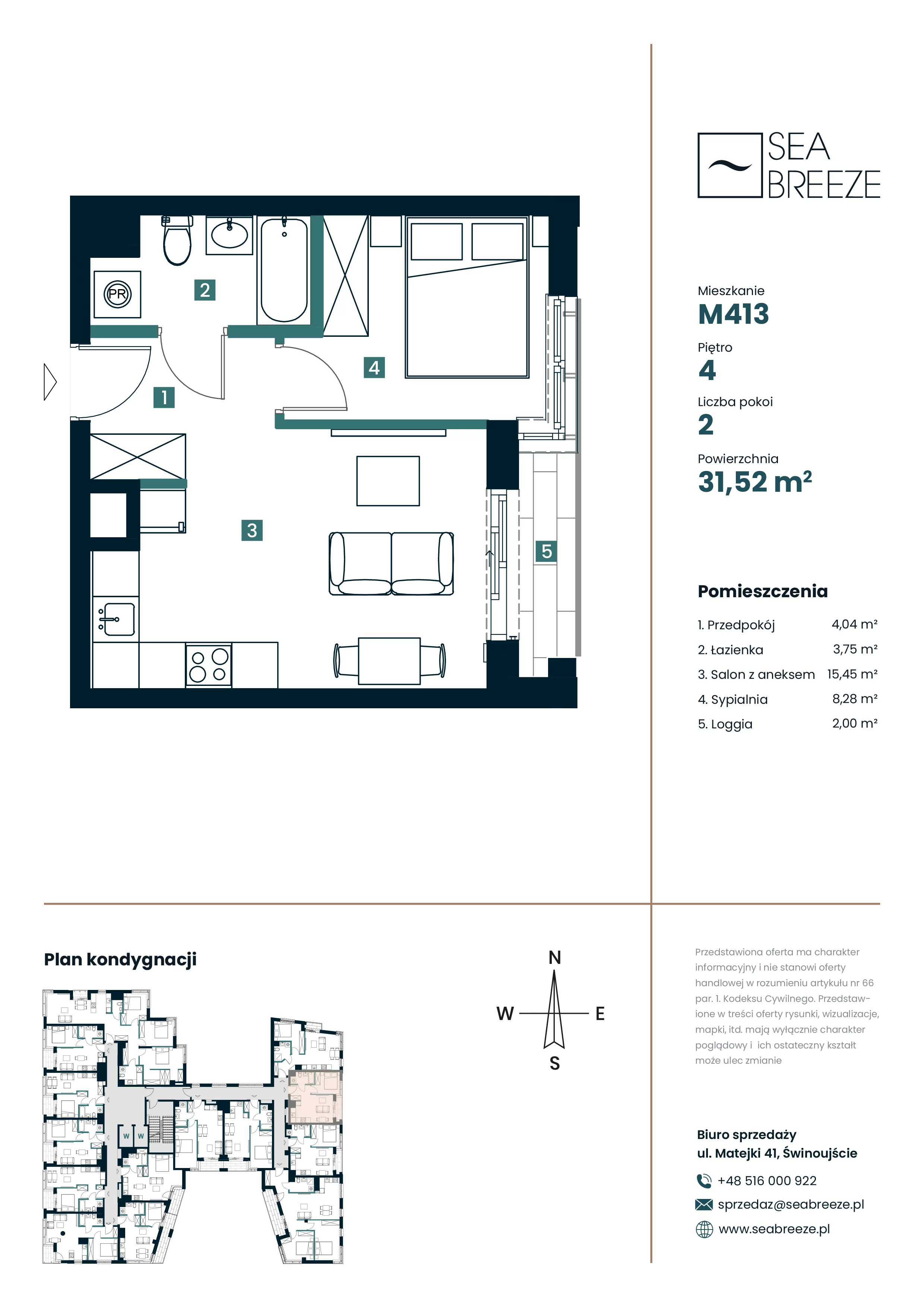 2 pokoje, mieszkanie 31,52 m², piętro 4, oferta nr M413, SeaBreeze, Świnoujście, Osiedle Matejki, ul. Jana Matejki 41
