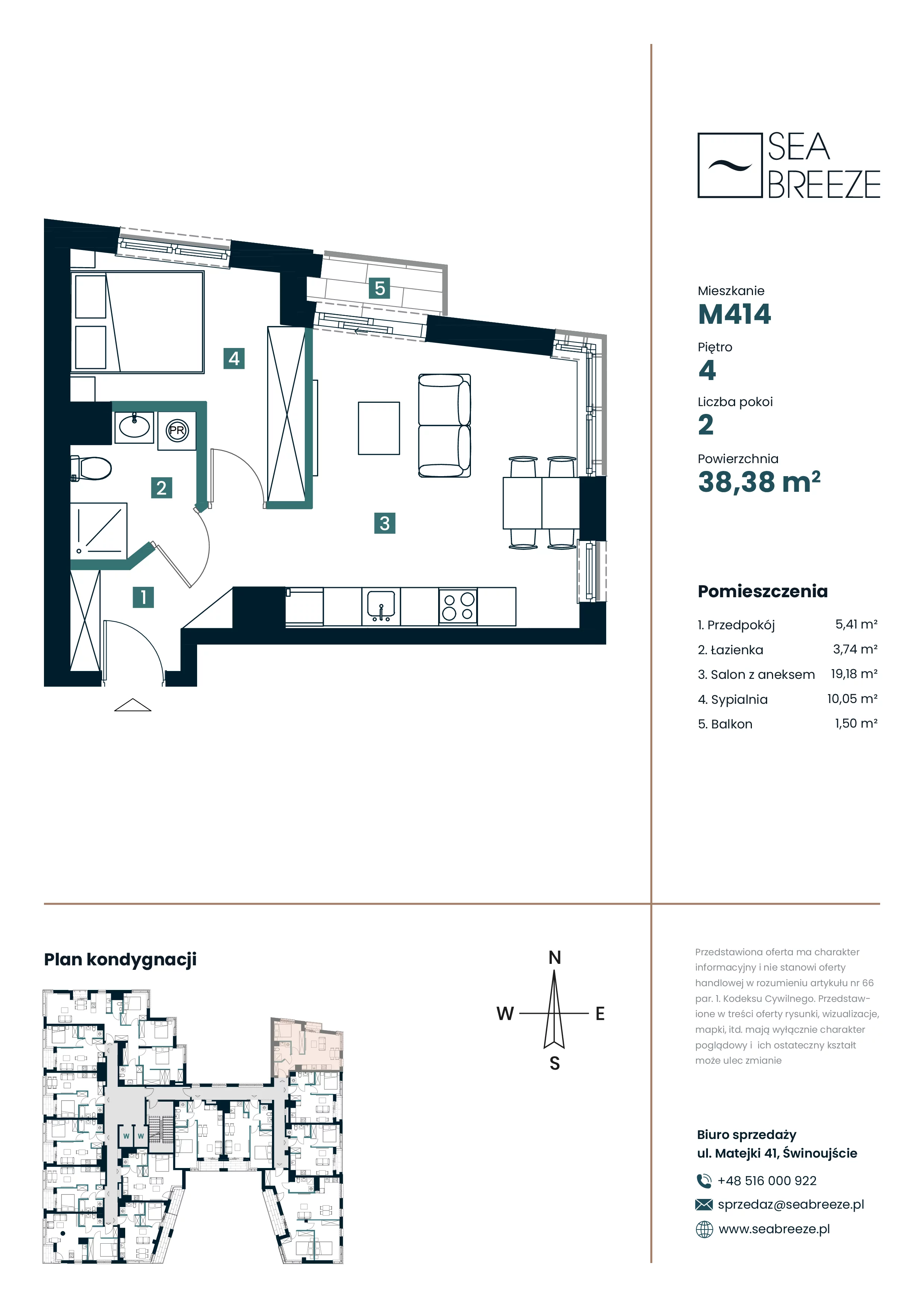 2 pokoje, mieszkanie 38,38 m², piętro 4, oferta nr M414, SeaBreeze, Świnoujście, Osiedle Matejki, ul. Jana Matejki 41