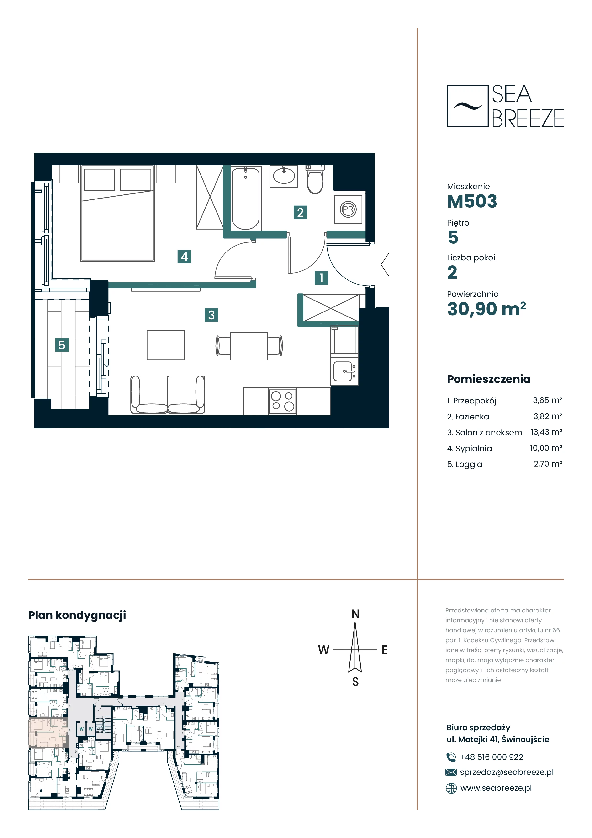 2 pokoje, mieszkanie 30,90 m², piętro 5, oferta nr M503, SeaBreeze, Świnoujście, Osiedle Matejki, ul. Jana Matejki 41