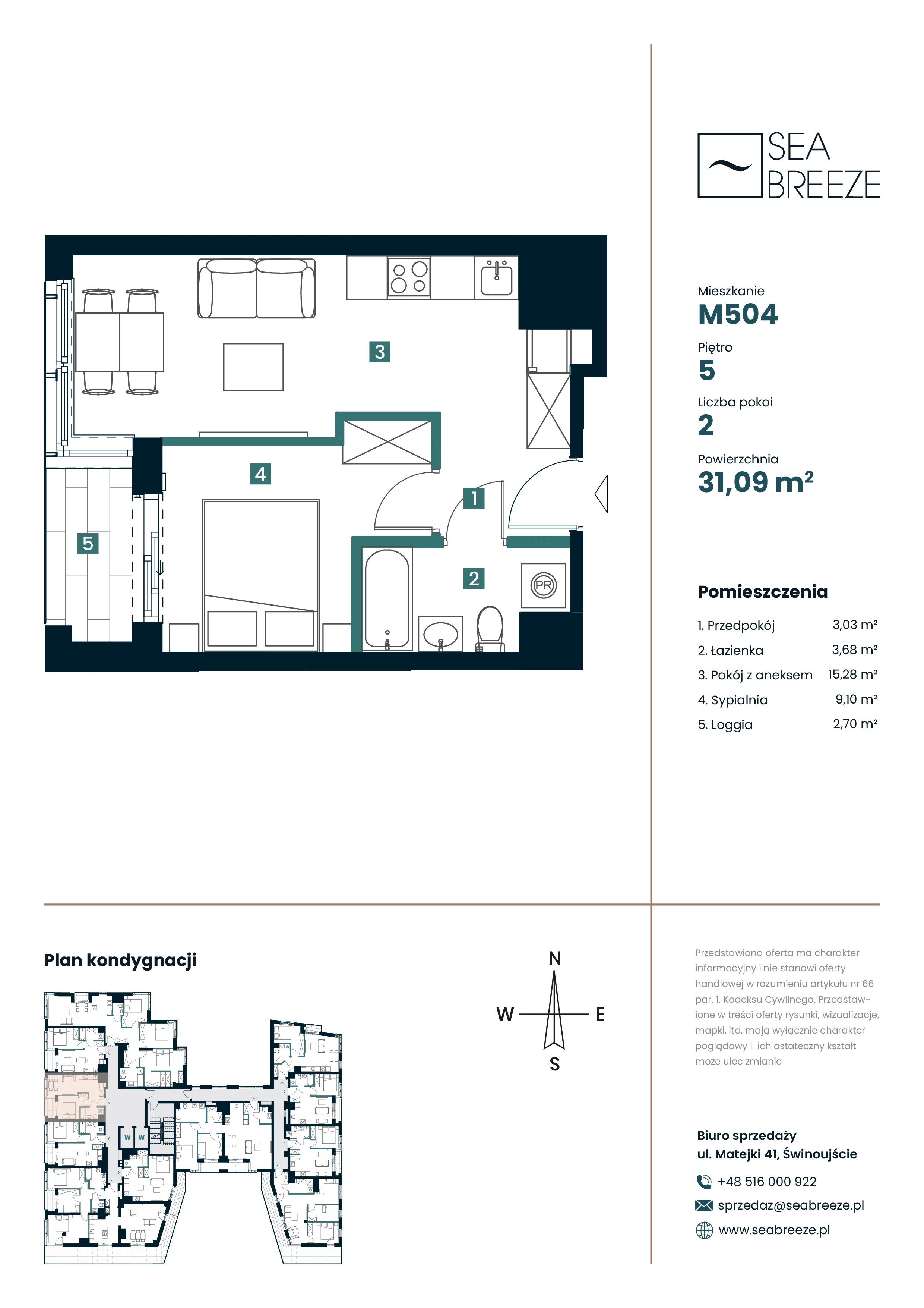 2 pokoje, mieszkanie 31,09 m², piętro 5, oferta nr M504, SeaBreeze, Świnoujście, Osiedle Matejki, ul. Jana Matejki 41