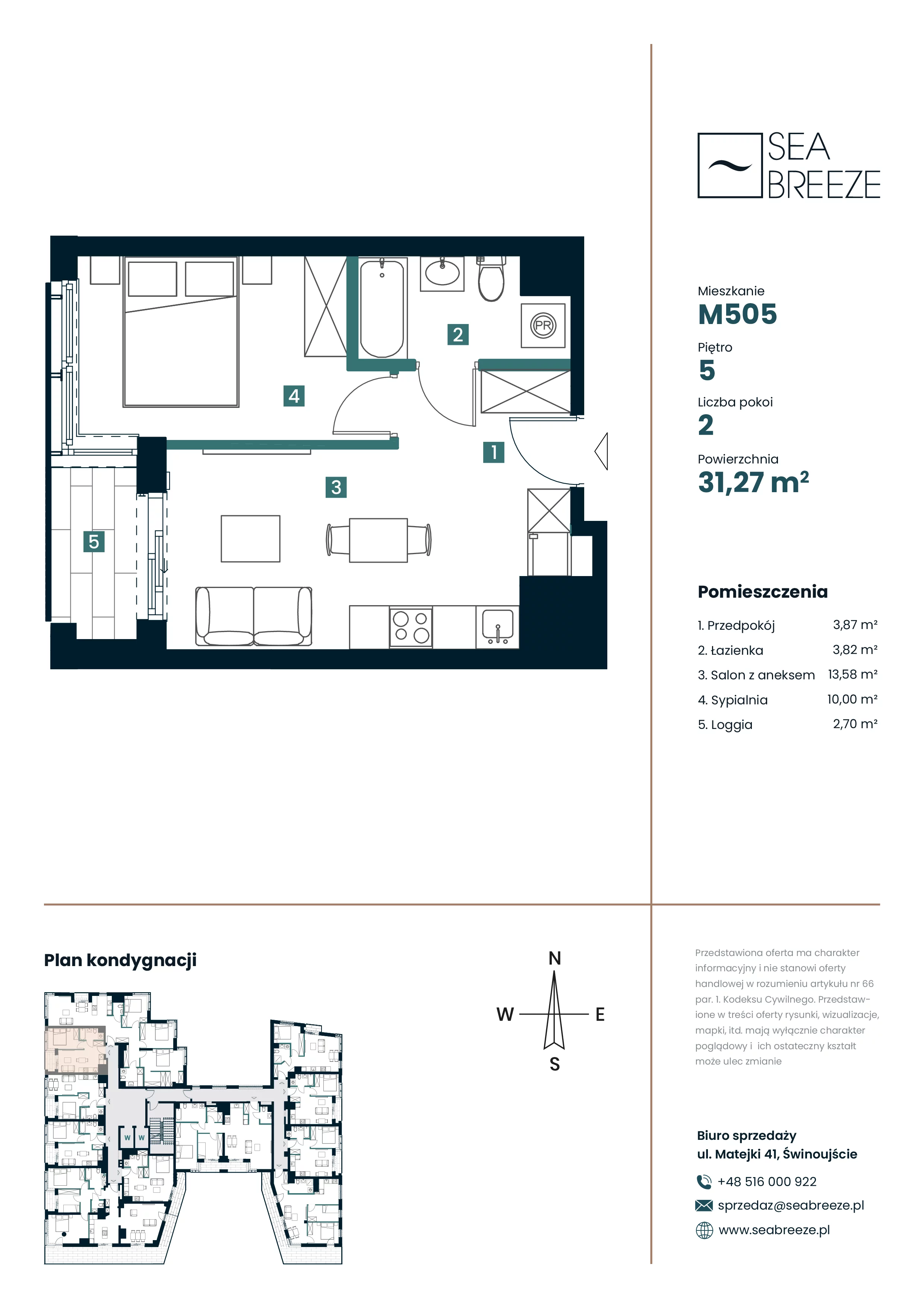 2 pokoje, mieszkanie 31,27 m², piętro 5, oferta nr M505, SeaBreeze, Świnoujście, Osiedle Matejki, ul. Jana Matejki 41