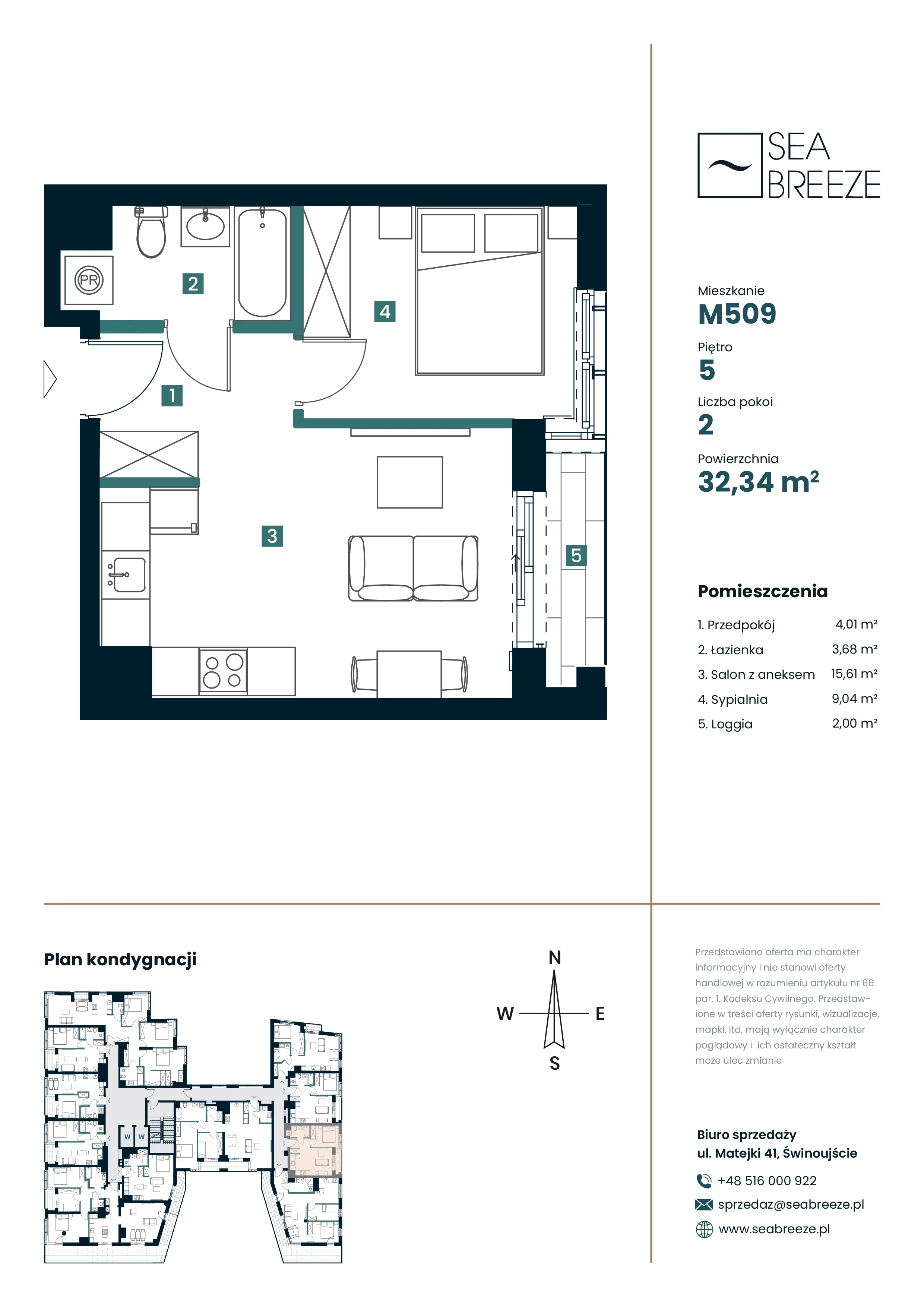 2 pokoje, mieszkanie 32,34 m², piętro 5, oferta nr M509, SeaBreeze, Świnoujście, Osiedle Matejki, ul. Jana Matejki 41