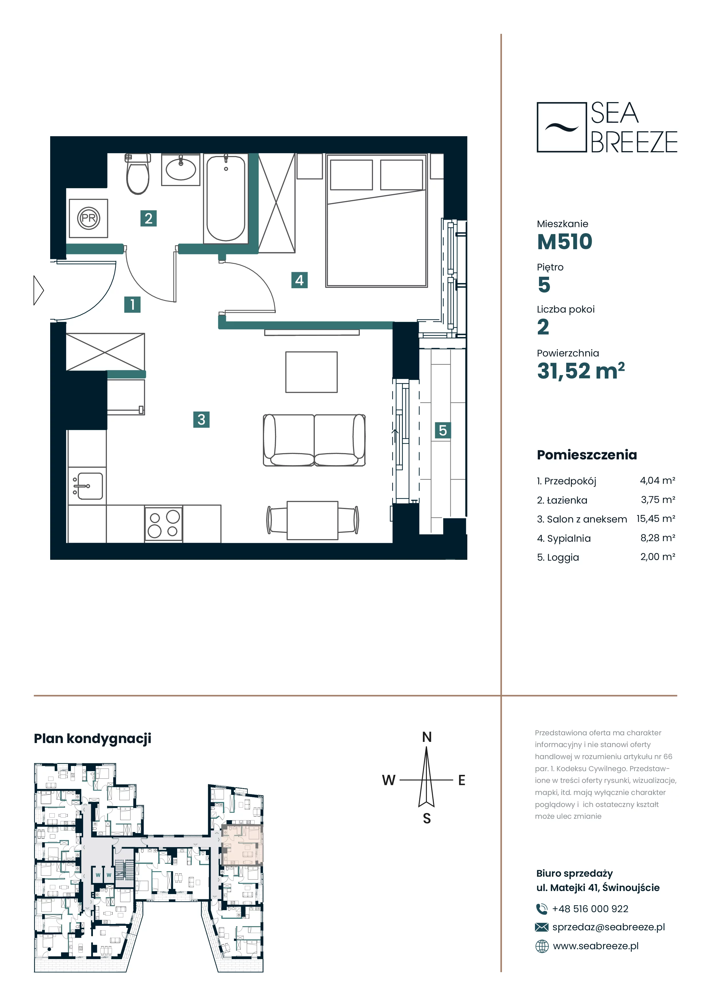 2 pokoje, mieszkanie 31,52 m², piętro 5, oferta nr M510, SeaBreeze, Świnoujście, Osiedle Matejki, ul. Jana Matejki 41