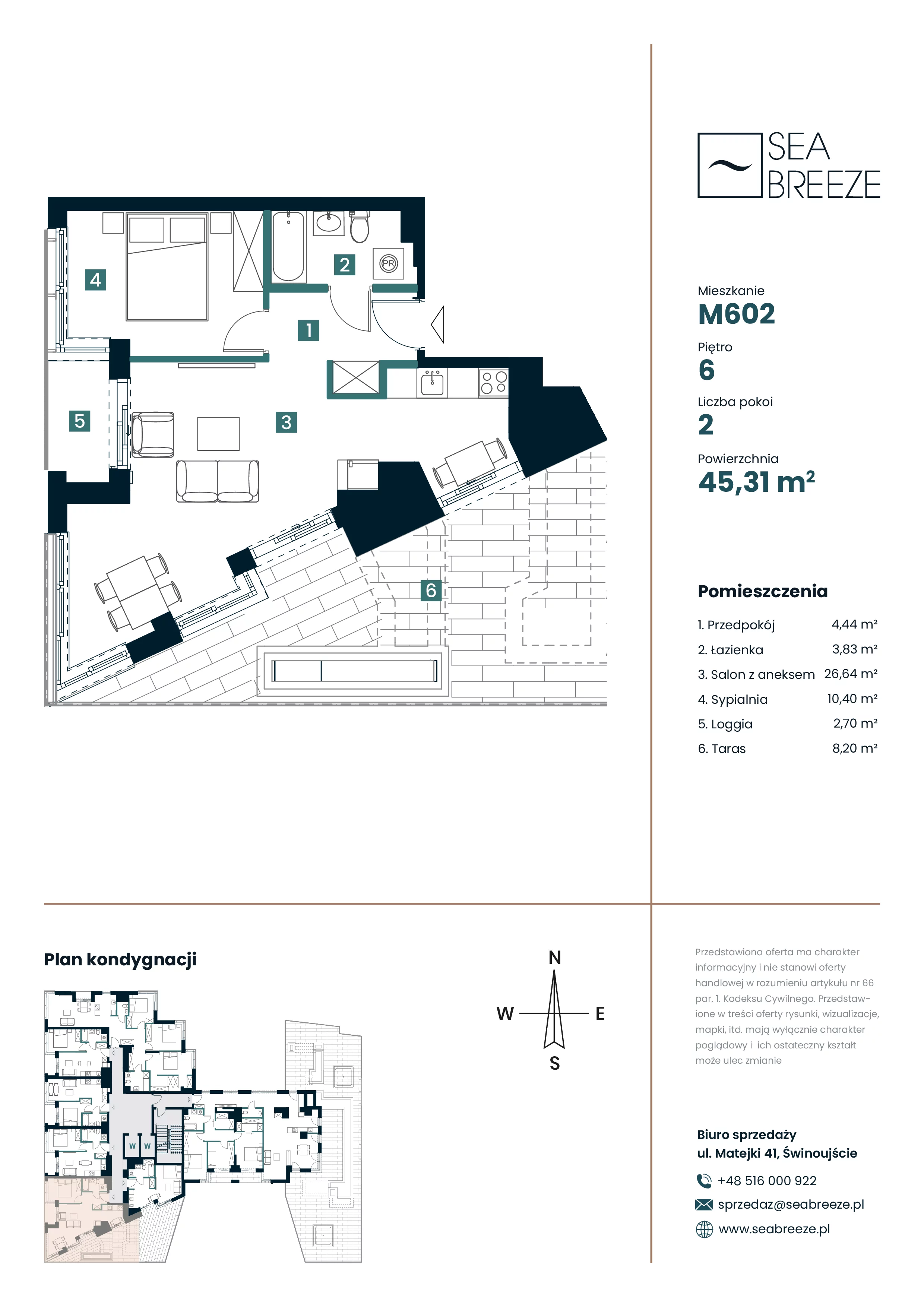 2 pokoje, apartament 45,31 m², piętro 6, oferta nr M602, SeaBreeze, Świnoujście, Osiedle Matejki, ul. Jana Matejki 41