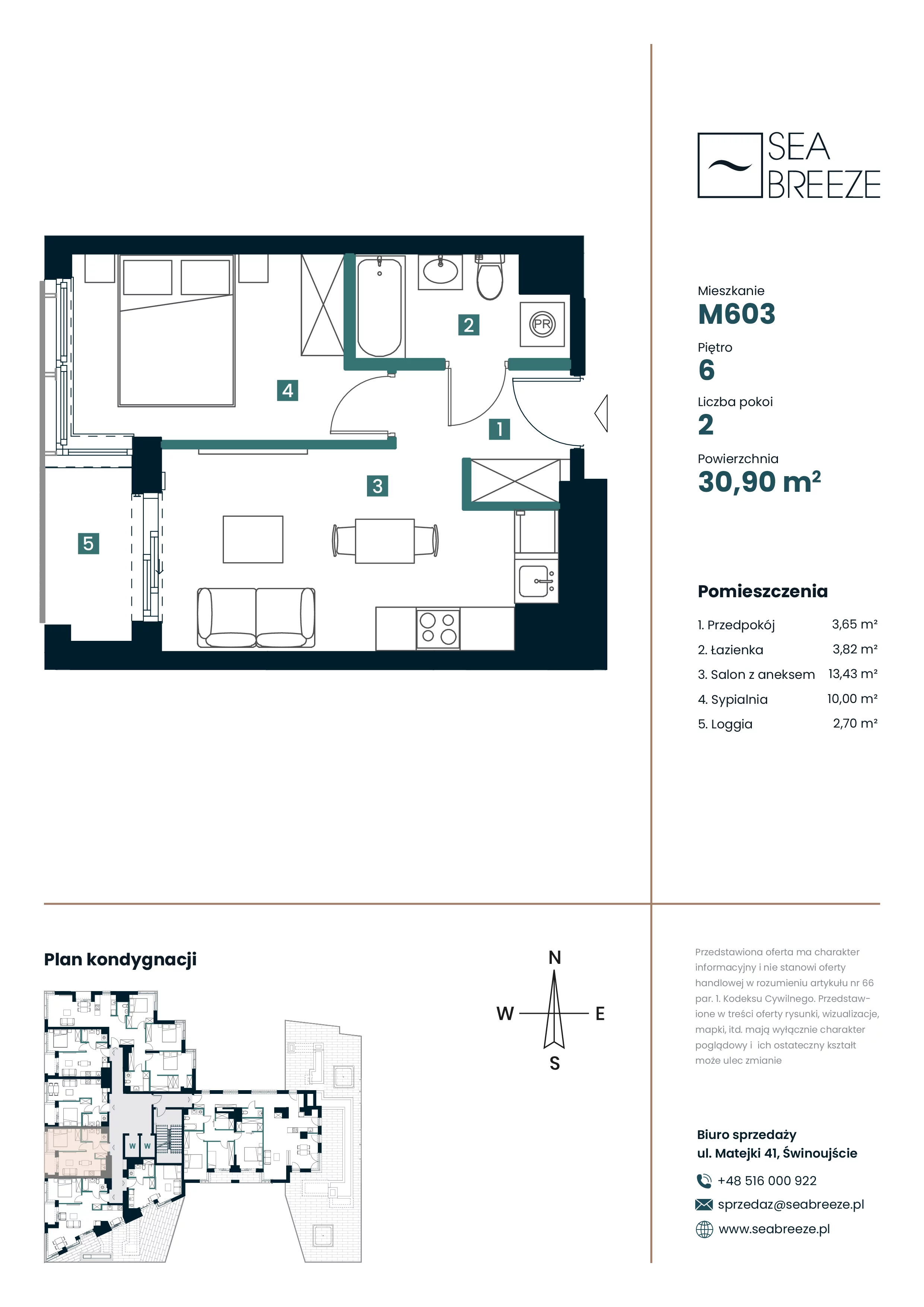 2 pokoje, apartament 30,90 m², piętro 6, oferta nr M603, SeaBreeze, Świnoujście, Osiedle Matejki, ul. Jana Matejki 41