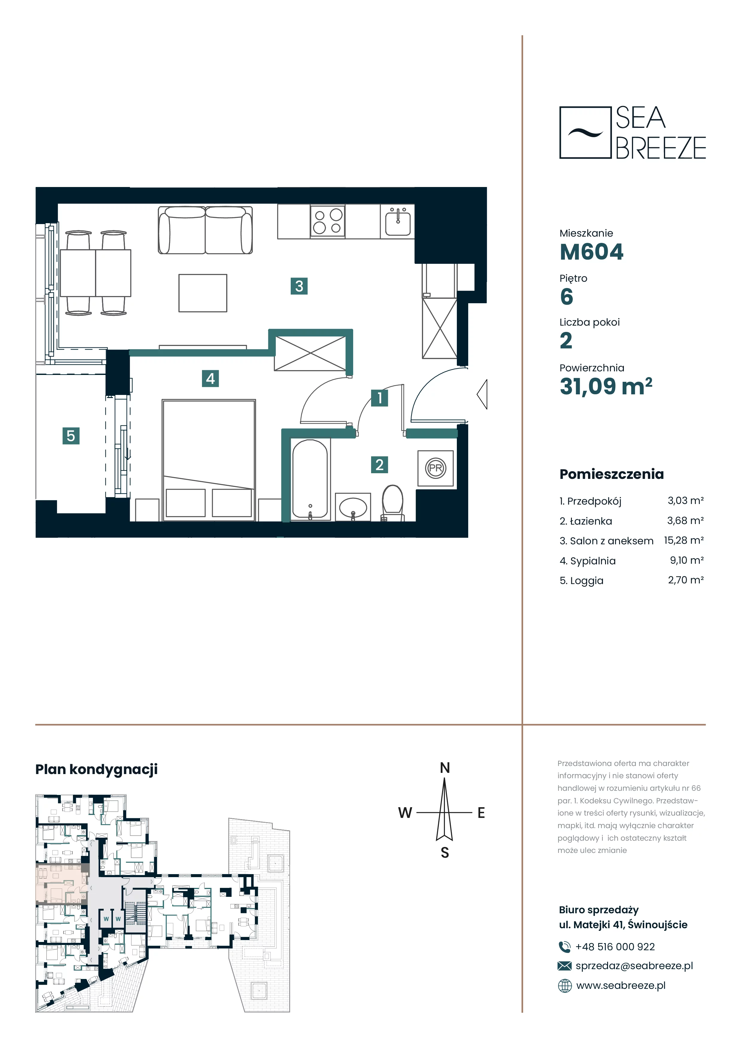 2 pokoje, mieszkanie 31,09 m², piętro 6, oferta nr M604, SeaBreeze, Świnoujście, Osiedle Matejki, ul. Jana Matejki 41
