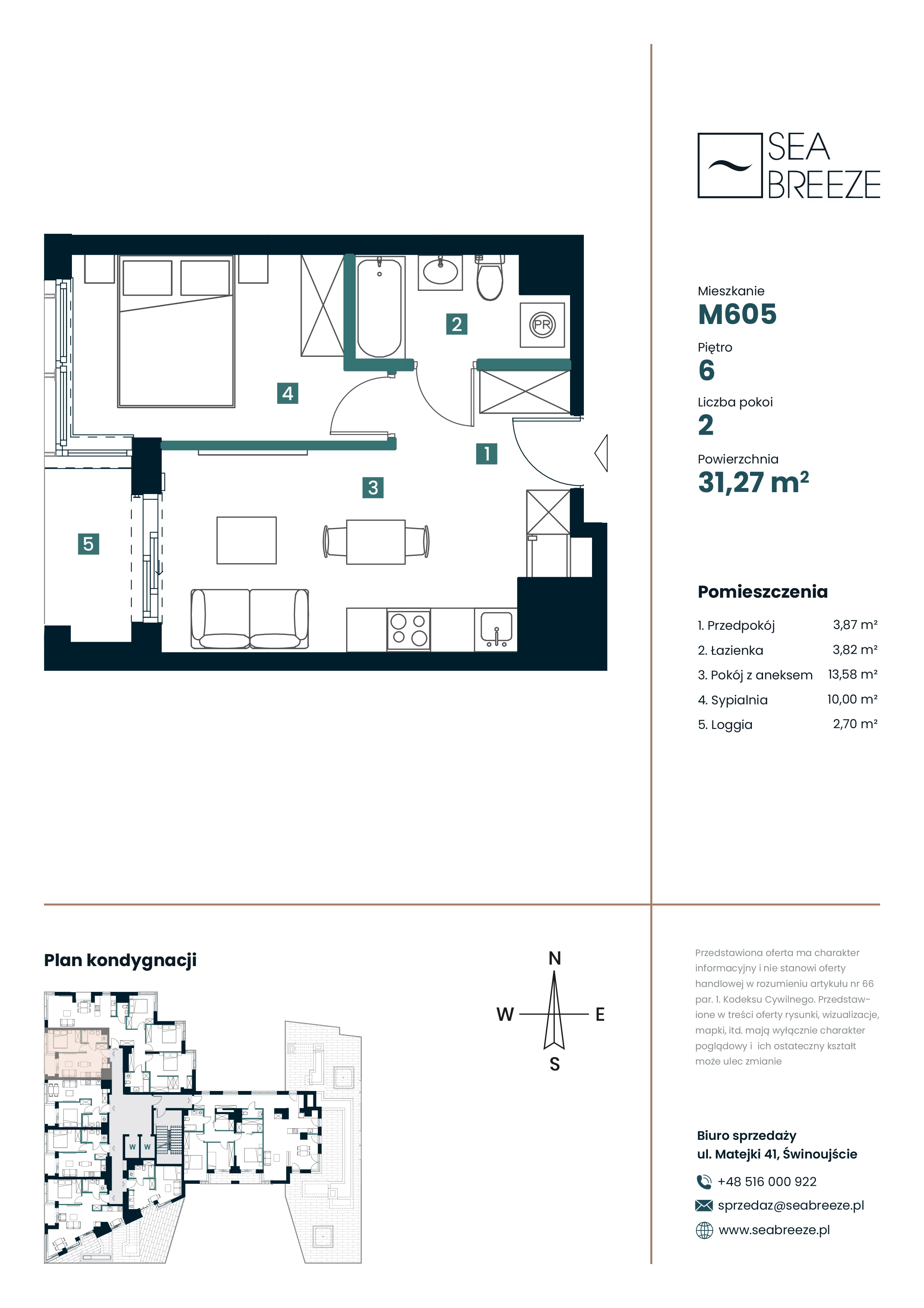 2 pokoje, mieszkanie 31,27 m², piętro 6, oferta nr M605, SeaBreeze, Świnoujście, Osiedle Matejki, ul. Jana Matejki 41