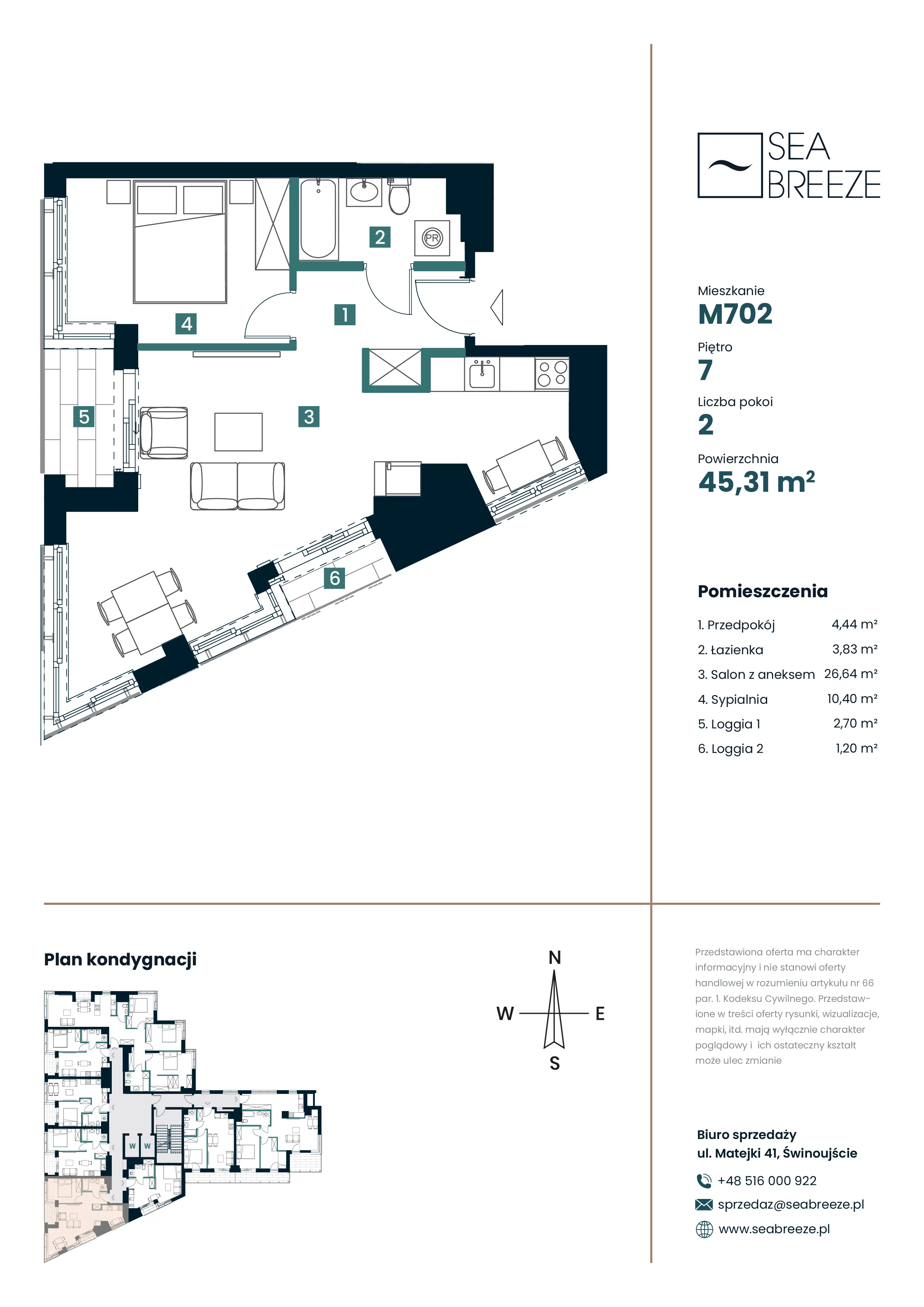 2 pokoje, mieszkanie 45,31 m², piętro 7, oferta nr M702, SeaBreeze, Świnoujście, Osiedle Matejki, ul. Jana Matejki 41