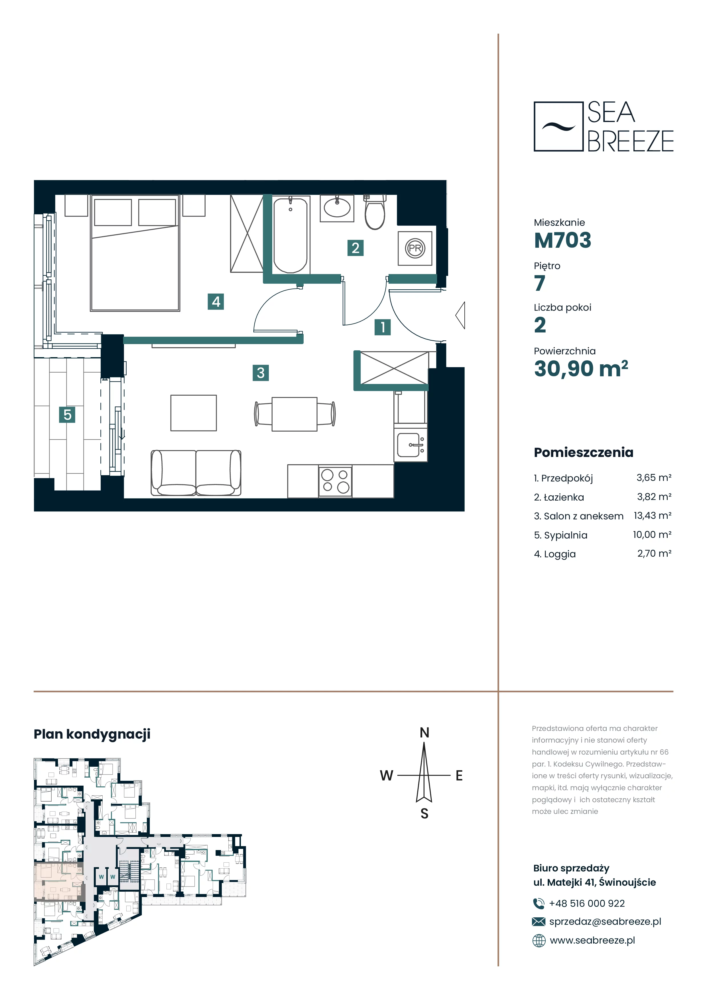 2 pokoje, mieszkanie 30,90 m², piętro 7, oferta nr M703, SeaBreeze, Świnoujście, Osiedle Matejki, ul. Jana Matejki 41