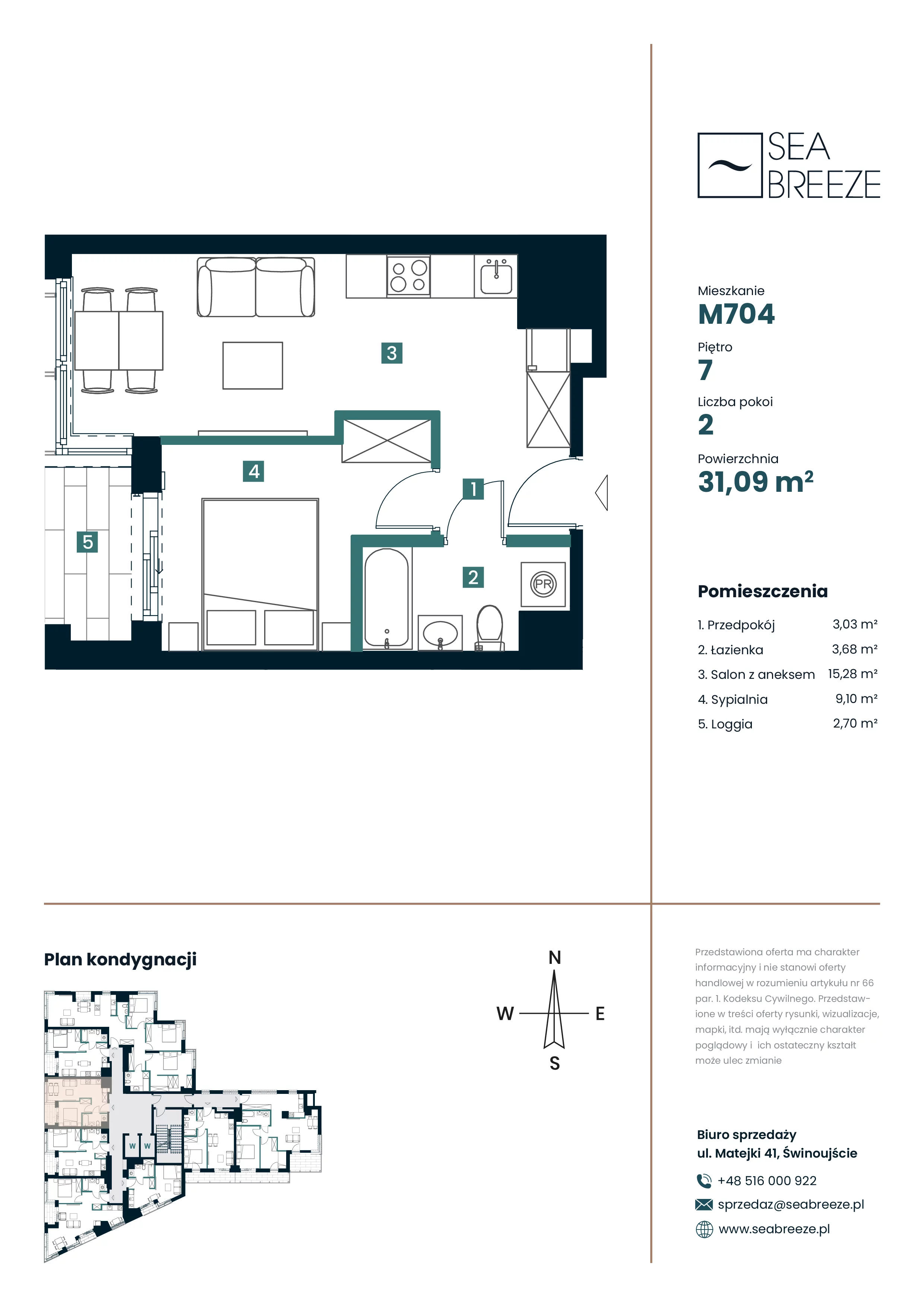 2 pokoje, mieszkanie 31,09 m², piętro 7, oferta nr M704, SeaBreeze, Świnoujście, Osiedle Matejki, ul. Jana Matejki 41