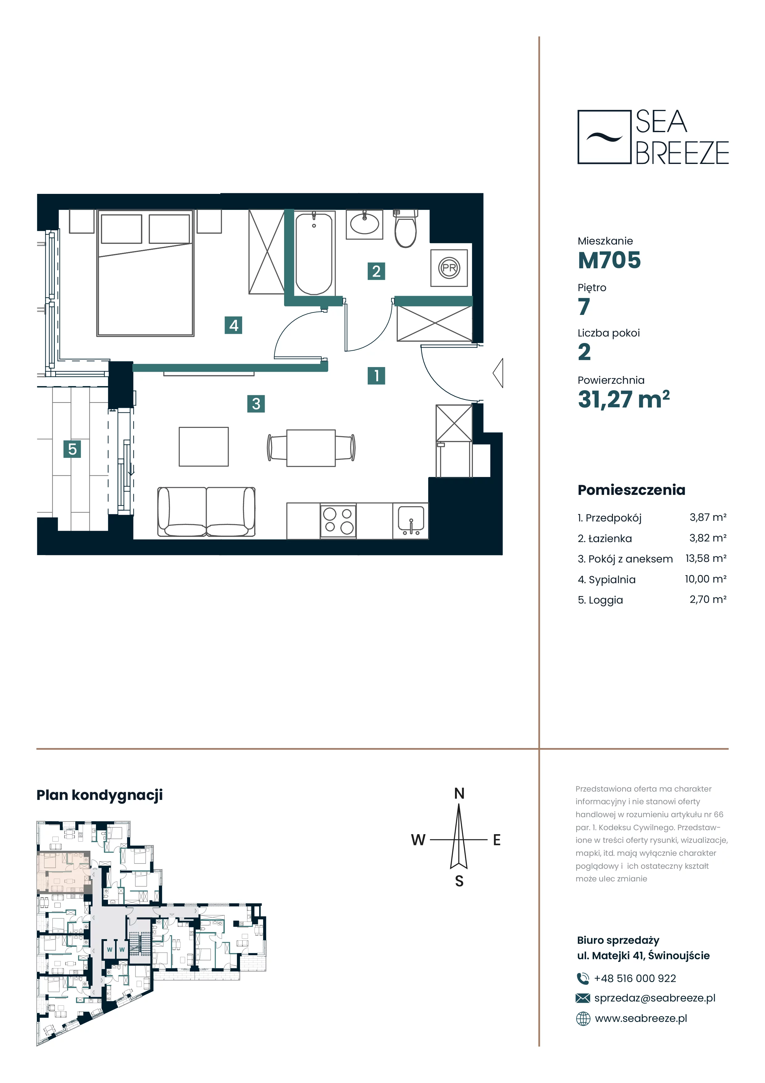 2 pokoje, mieszkanie 31,27 m², piętro 7, oferta nr M705, SeaBreeze, Świnoujście, Osiedle Matejki, ul. Jana Matejki 41