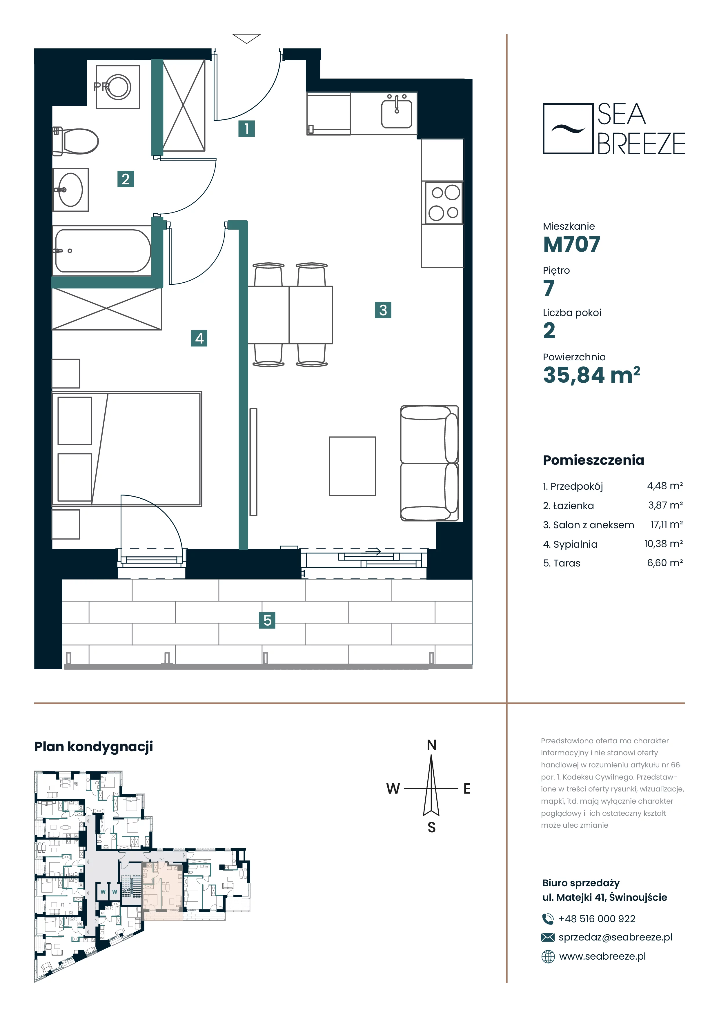 2 pokoje, mieszkanie 35,84 m², piętro 7, oferta nr M707, SeaBreeze, Świnoujście, Osiedle Matejki, ul. Jana Matejki 41