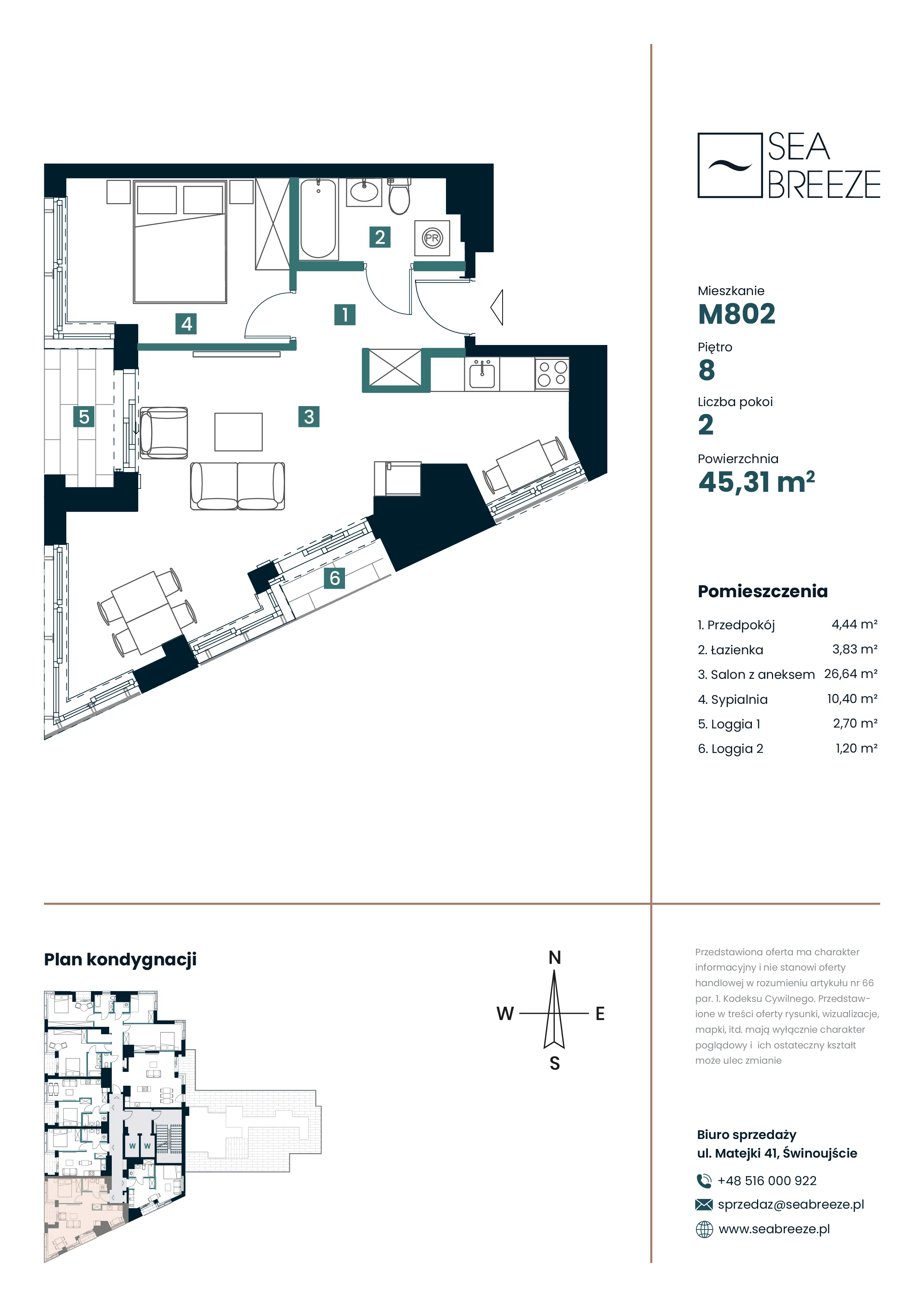 2 pokoje, mieszkanie 45,31 m², piętro 8, oferta nr M802, SeaBreeze, Świnoujście, Osiedle Matejki, ul. Jana Matejki 41