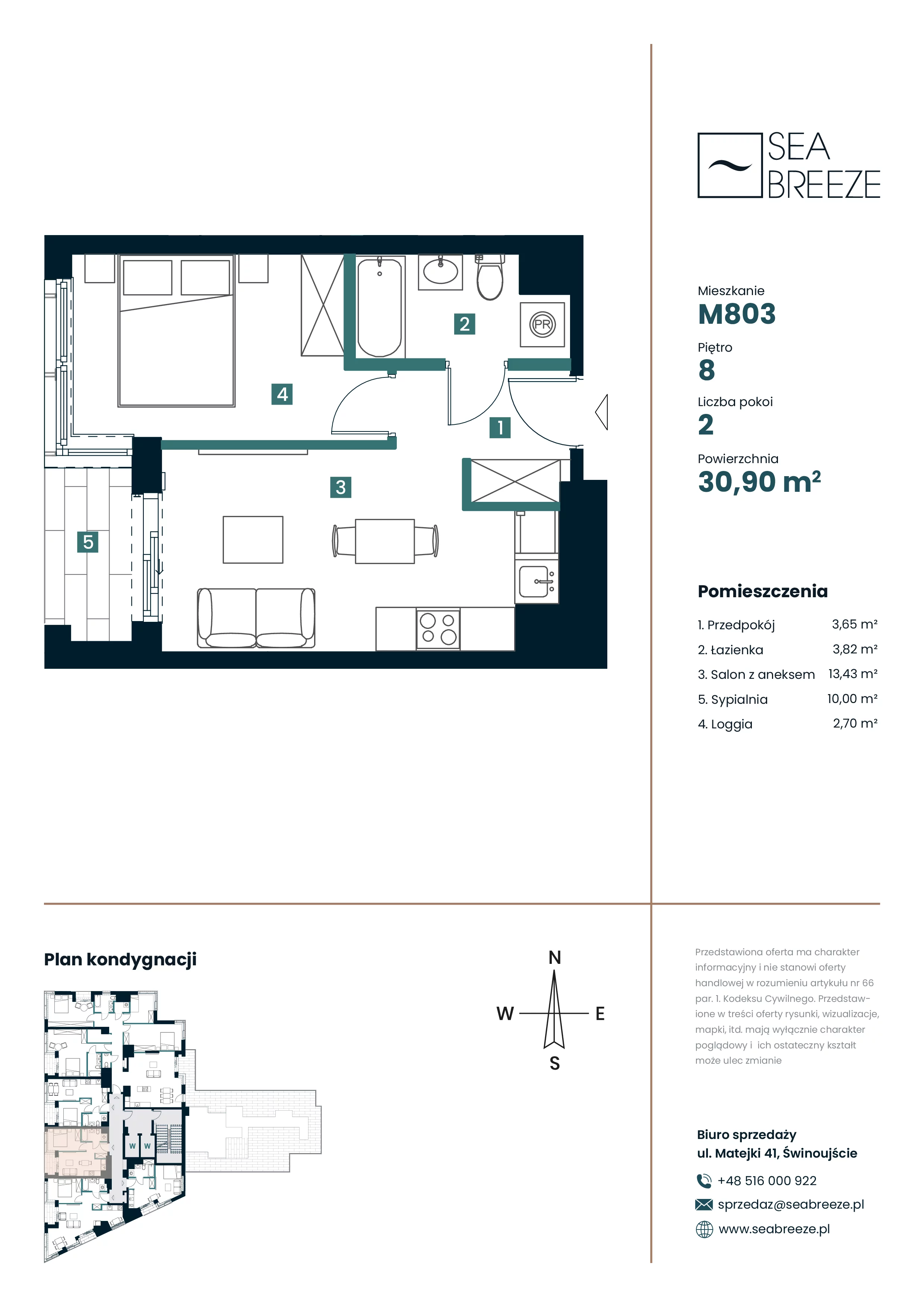 2 pokoje, mieszkanie 30,90 m², piętro 8, oferta nr M803, SeaBreeze, Świnoujście, Osiedle Matejki, ul. Jana Matejki 41