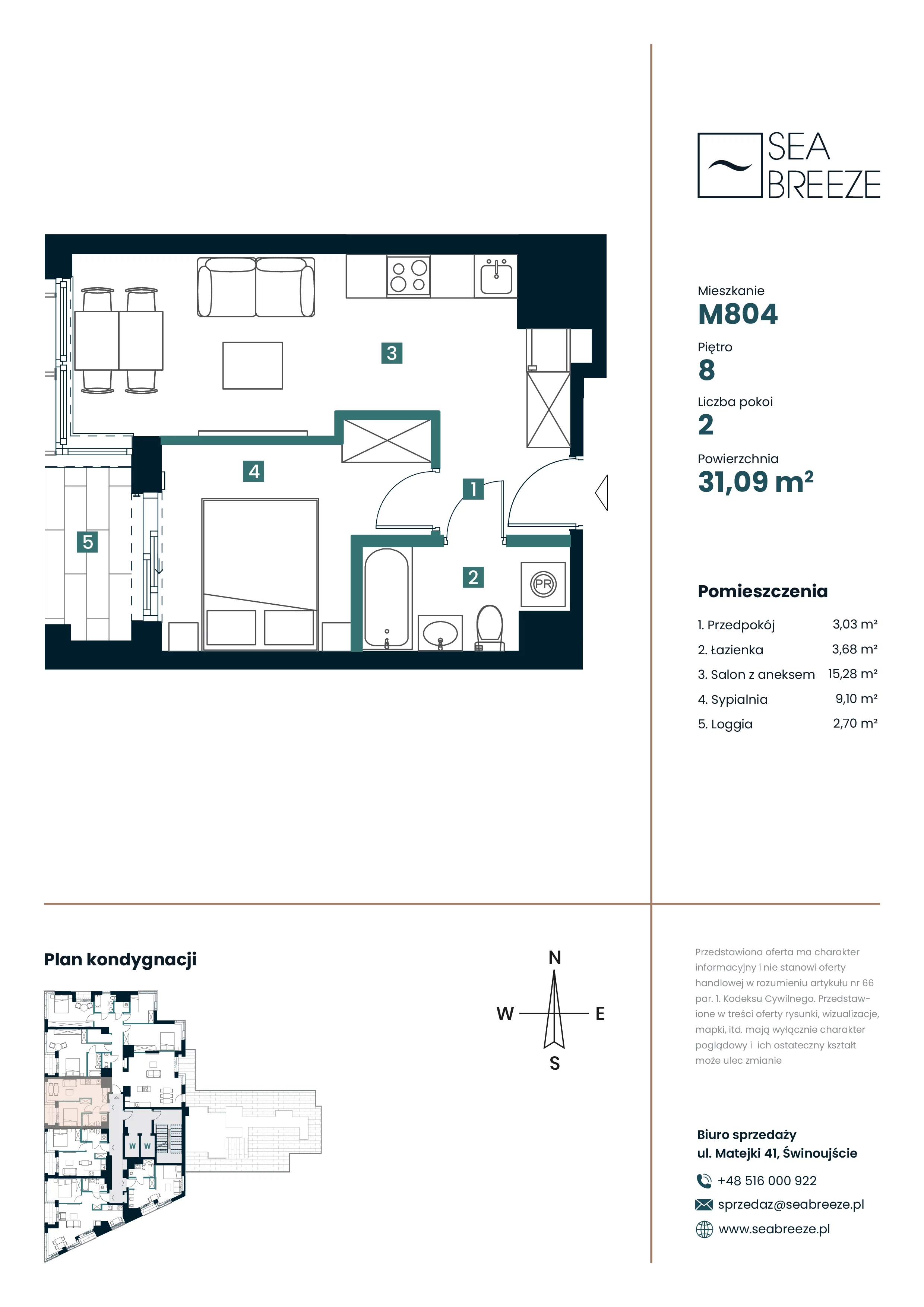 2 pokoje, mieszkanie 31,09 m², piętro 8, oferta nr M804, SeaBreeze, Świnoujście, Osiedle Matejki, ul. Jana Matejki 41