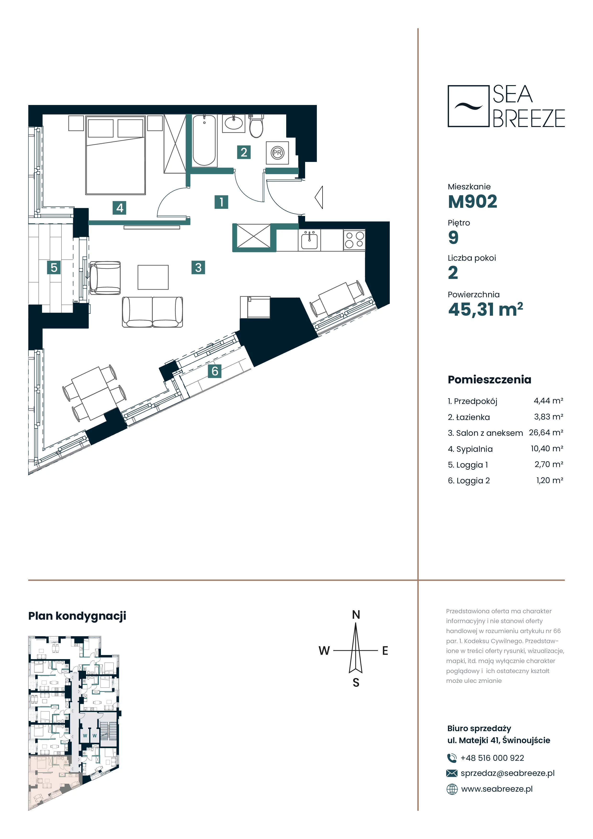 2 pokoje, mieszkanie 45,31 m², piętro 9, oferta nr M902, SeaBreeze, Świnoujście, Osiedle Matejki, ul. Jana Matejki 41