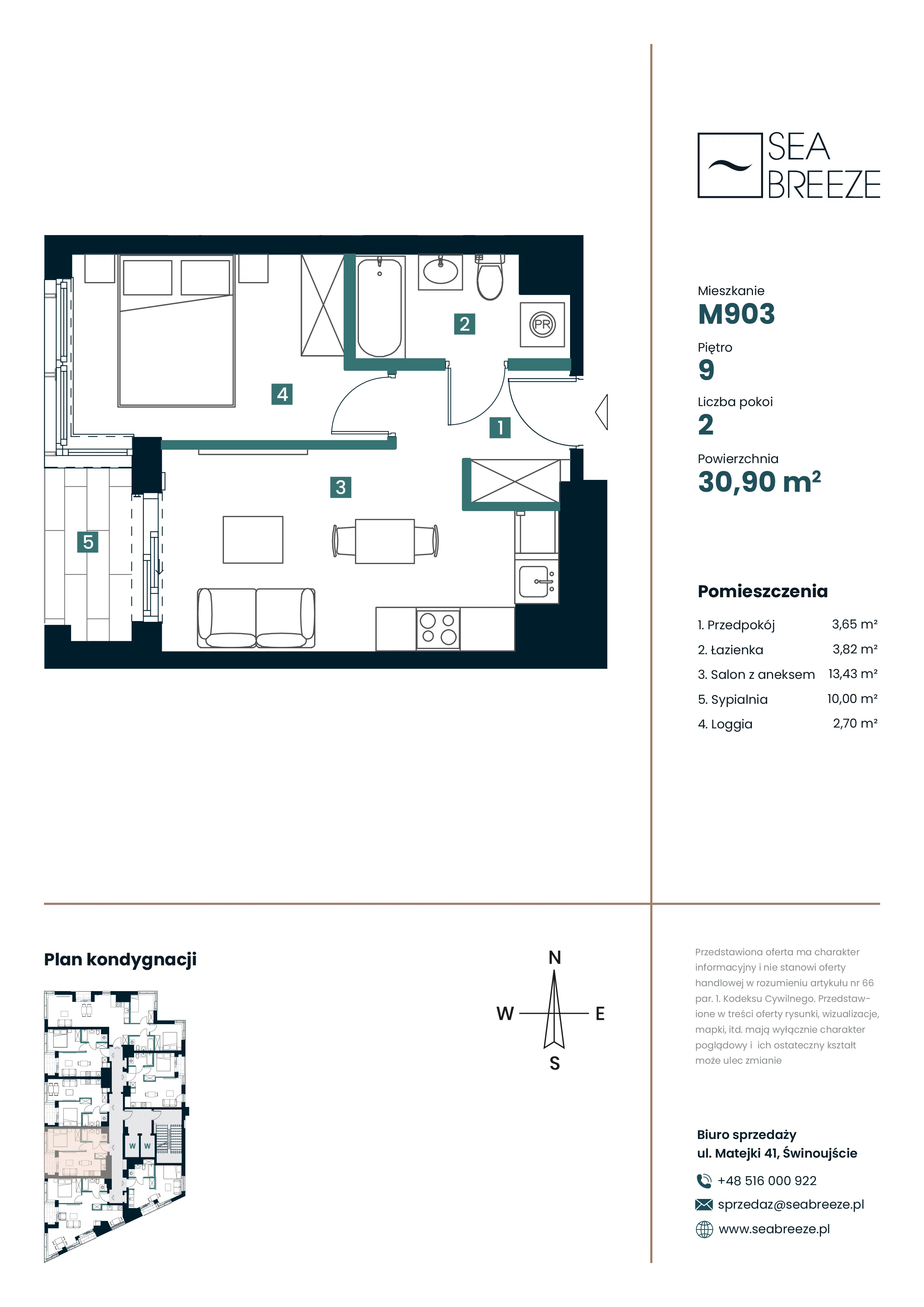 2 pokoje, mieszkanie 30,90 m², piętro 9, oferta nr M903, SeaBreeze, Świnoujście, Osiedle Matejki, ul. Jana Matejki 41