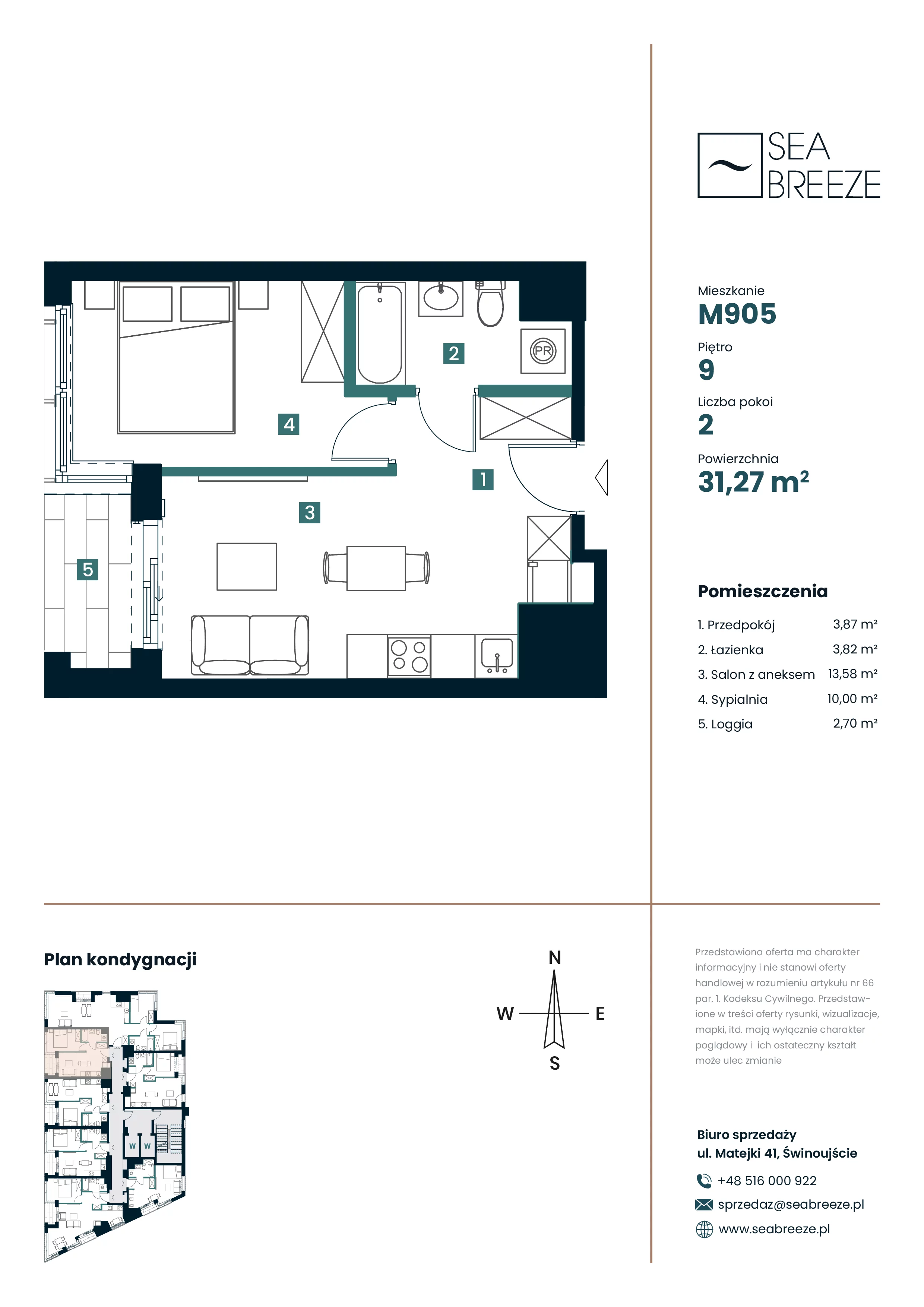 2 pokoje, mieszkanie 31,27 m², piętro 9, oferta nr M905, SeaBreeze, Świnoujście, Osiedle Matejki, ul. Jana Matejki 41
