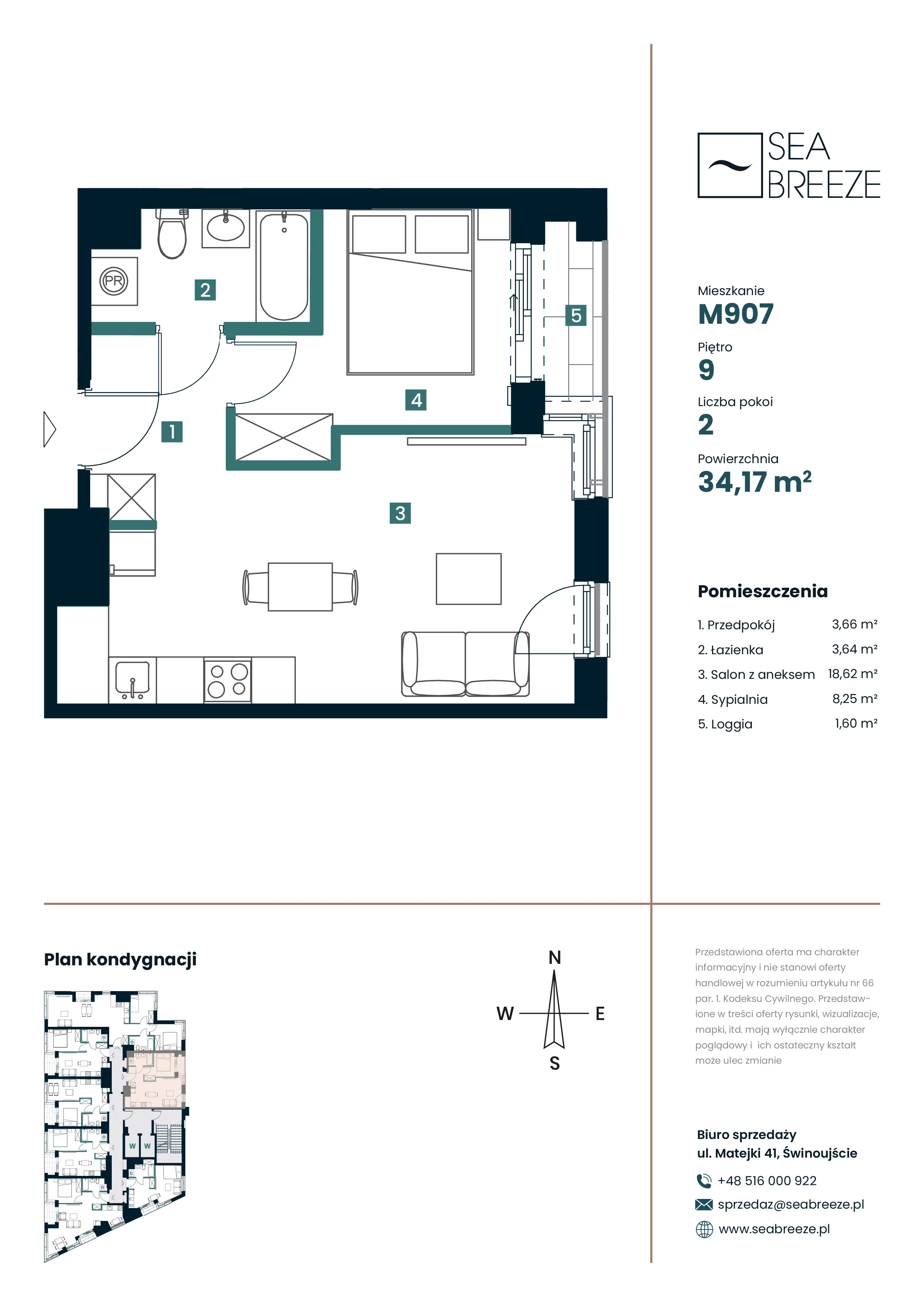 2 pokoje, mieszkanie 34,17 m², piętro 9, oferta nr M907, SeaBreeze, Świnoujście, Osiedle Matejki, ul. Jana Matejki 41