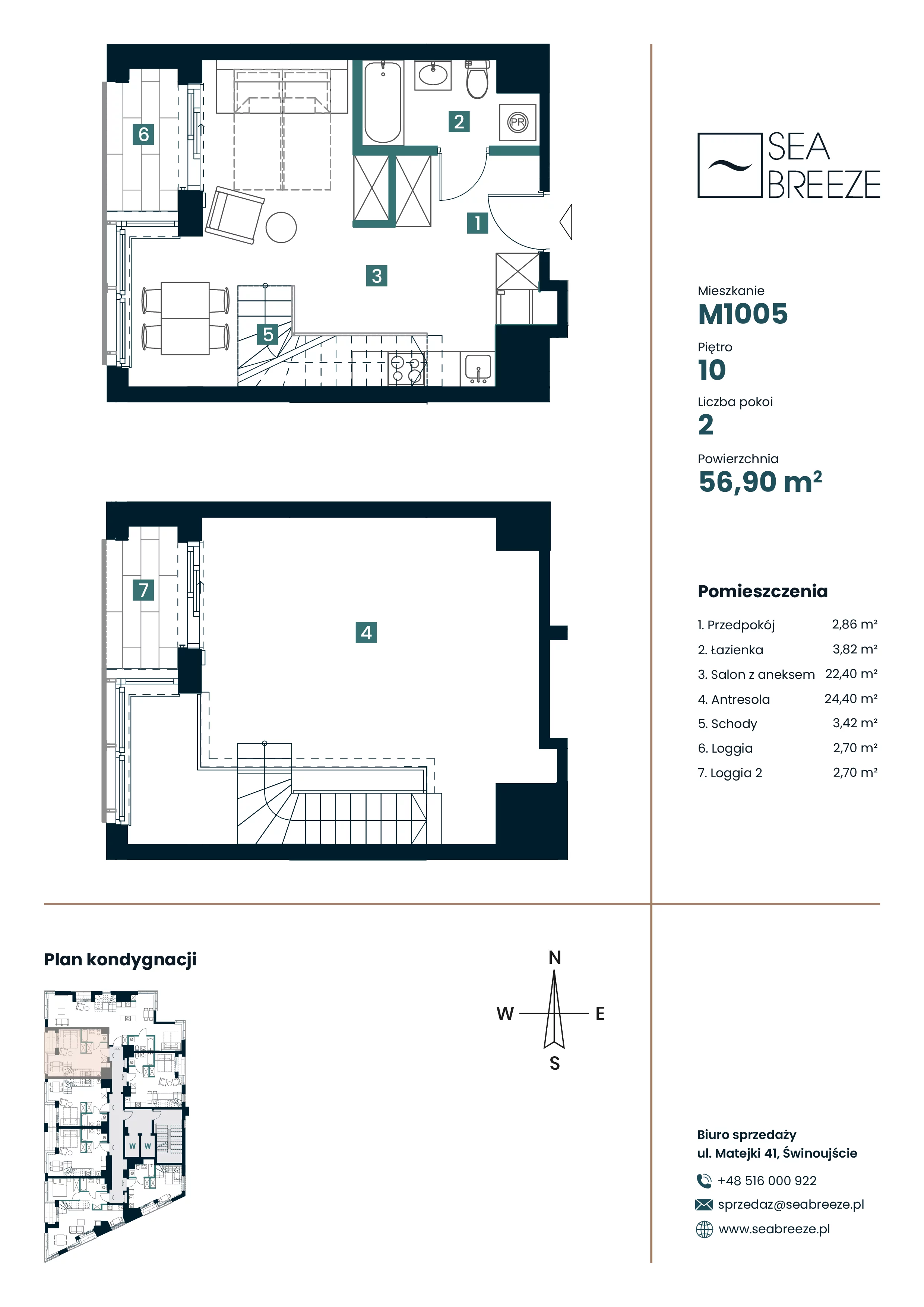2 pokoje, mieszkanie 56,90 m², piętro 10, oferta nr M1005, SeaBreeze, Świnoujście, Osiedle Matejki, ul. Jana Matejki 41