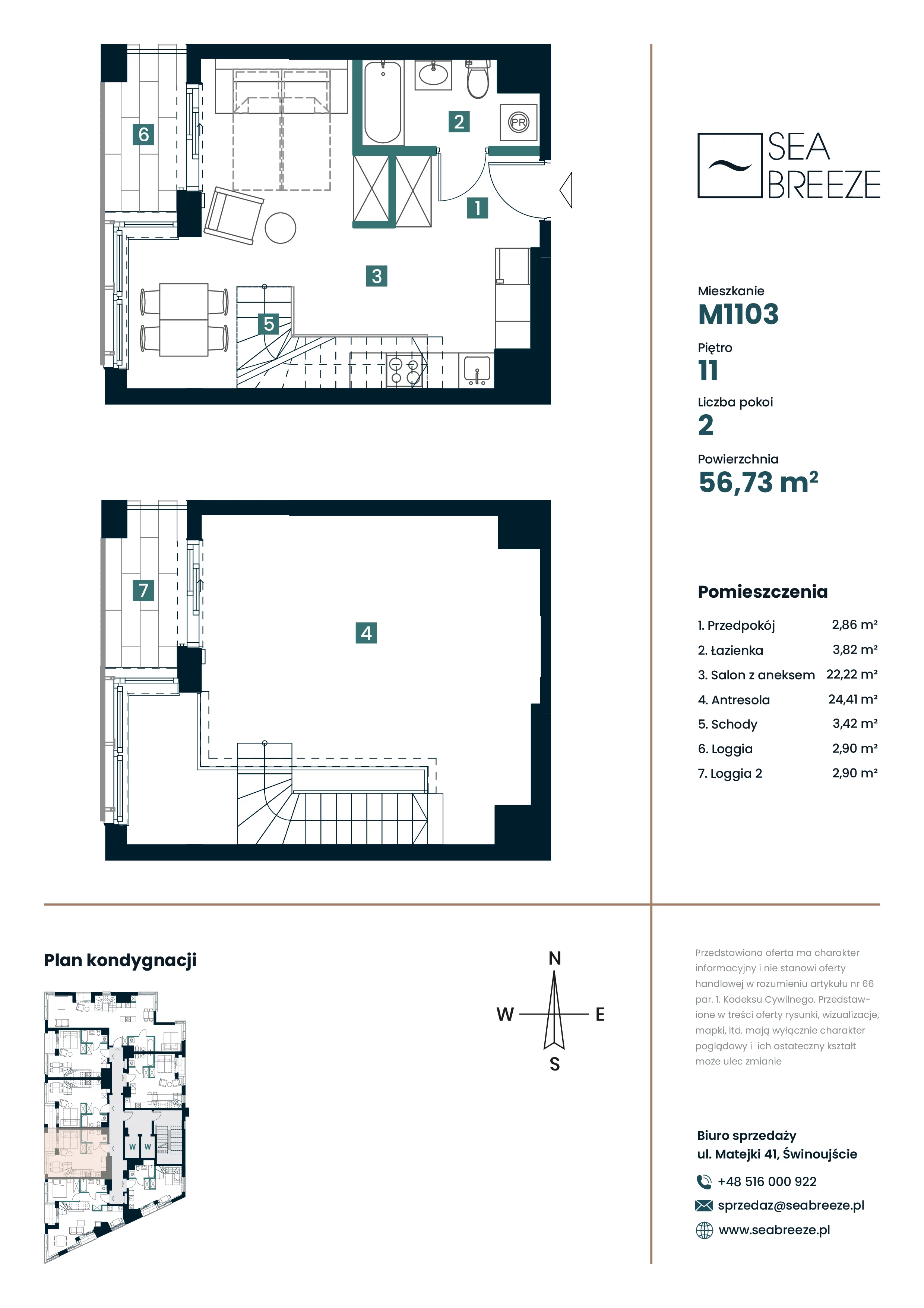 2 pokoje, mieszkanie 56,73 m², piętro 11, oferta nr M1103, SeaBreeze, Świnoujście, Osiedle Matejki, ul. Jana Matejki 41