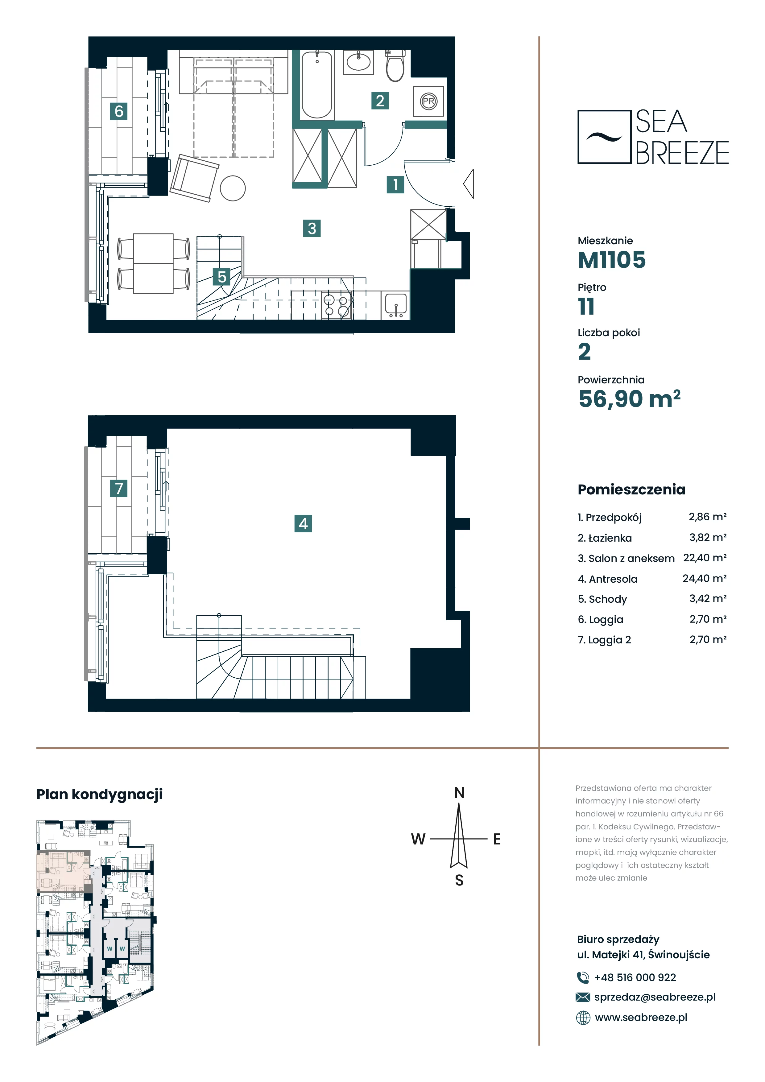 2 pokoje, mieszkanie 56,90 m², piętro 11, oferta nr M1105, SeaBreeze, Świnoujście, Osiedle Matejki, ul. Jana Matejki 41