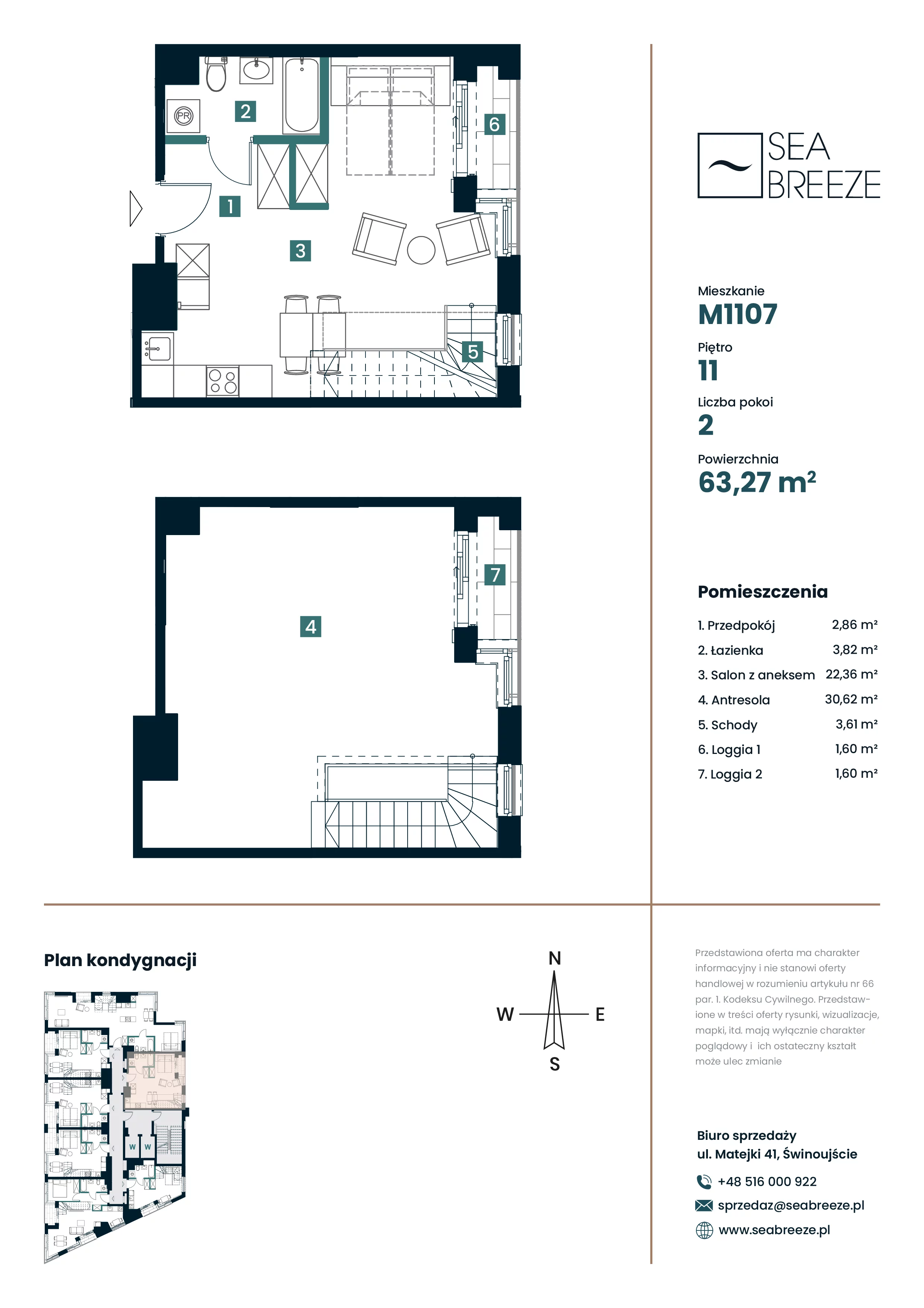 2 pokoje, mieszkanie 63,27 m², piętro 11, oferta nr M1107, SeaBreeze, Świnoujście, Osiedle Matejki, ul. Jana Matejki 41