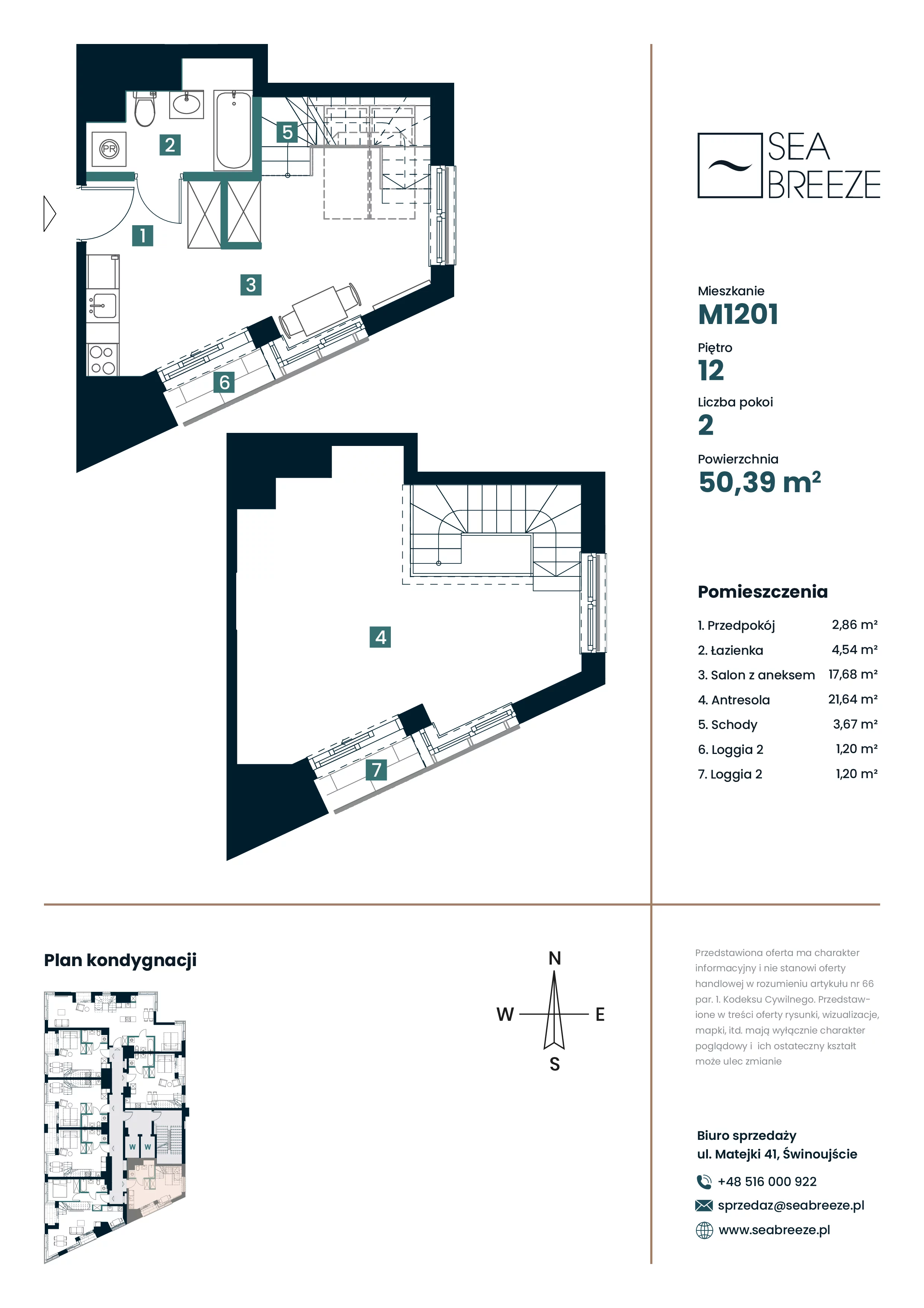 2 pokoje, mieszkanie 50,39 m², piętro 12, oferta nr M1201, SeaBreeze, Świnoujście, Osiedle Matejki, ul. Jana Matejki 41