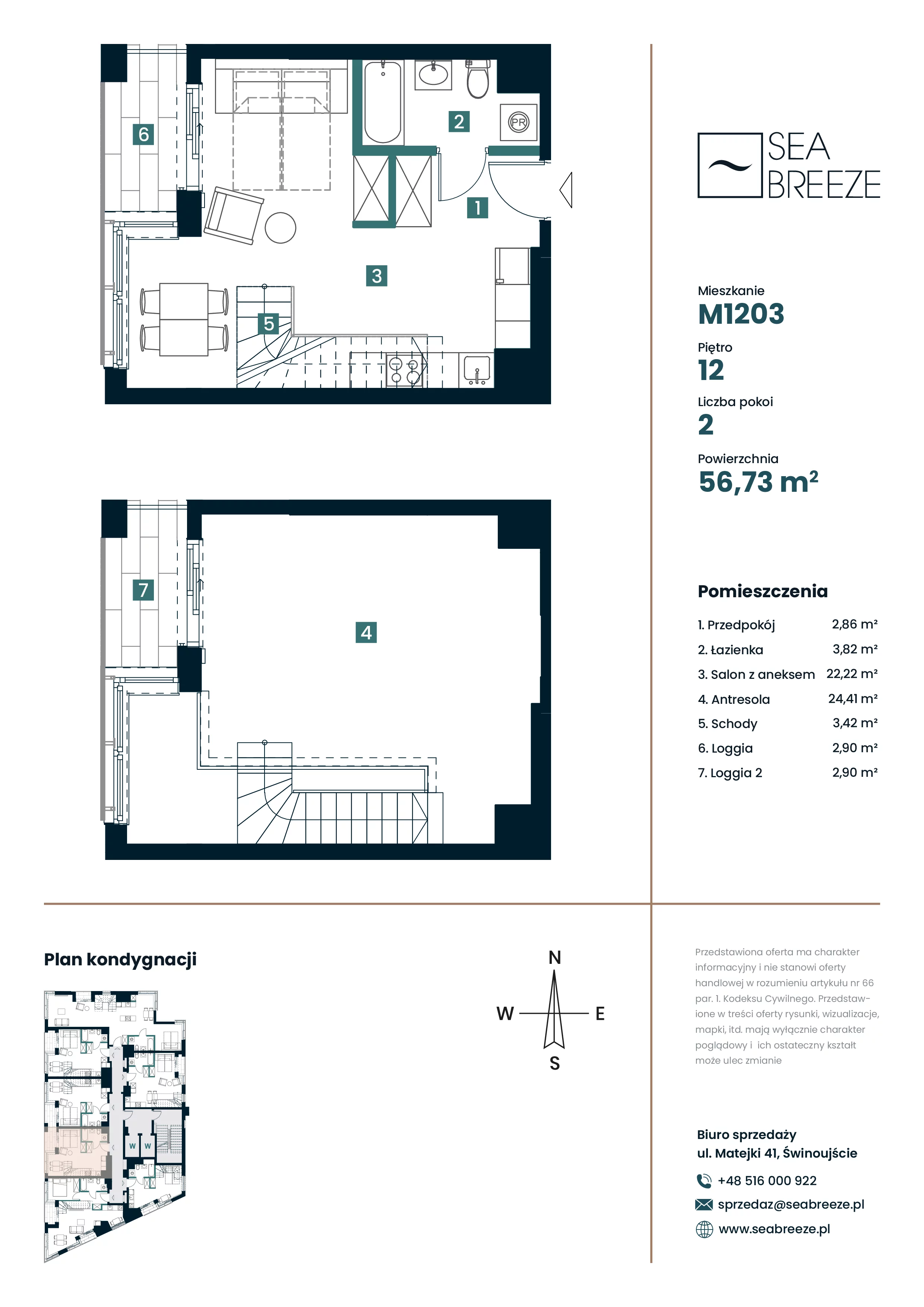 2 pokoje, mieszkanie 56,73 m², piętro 12, oferta nr M1203, SeaBreeze, Świnoujście, Osiedle Matejki, ul. Jana Matejki 41
