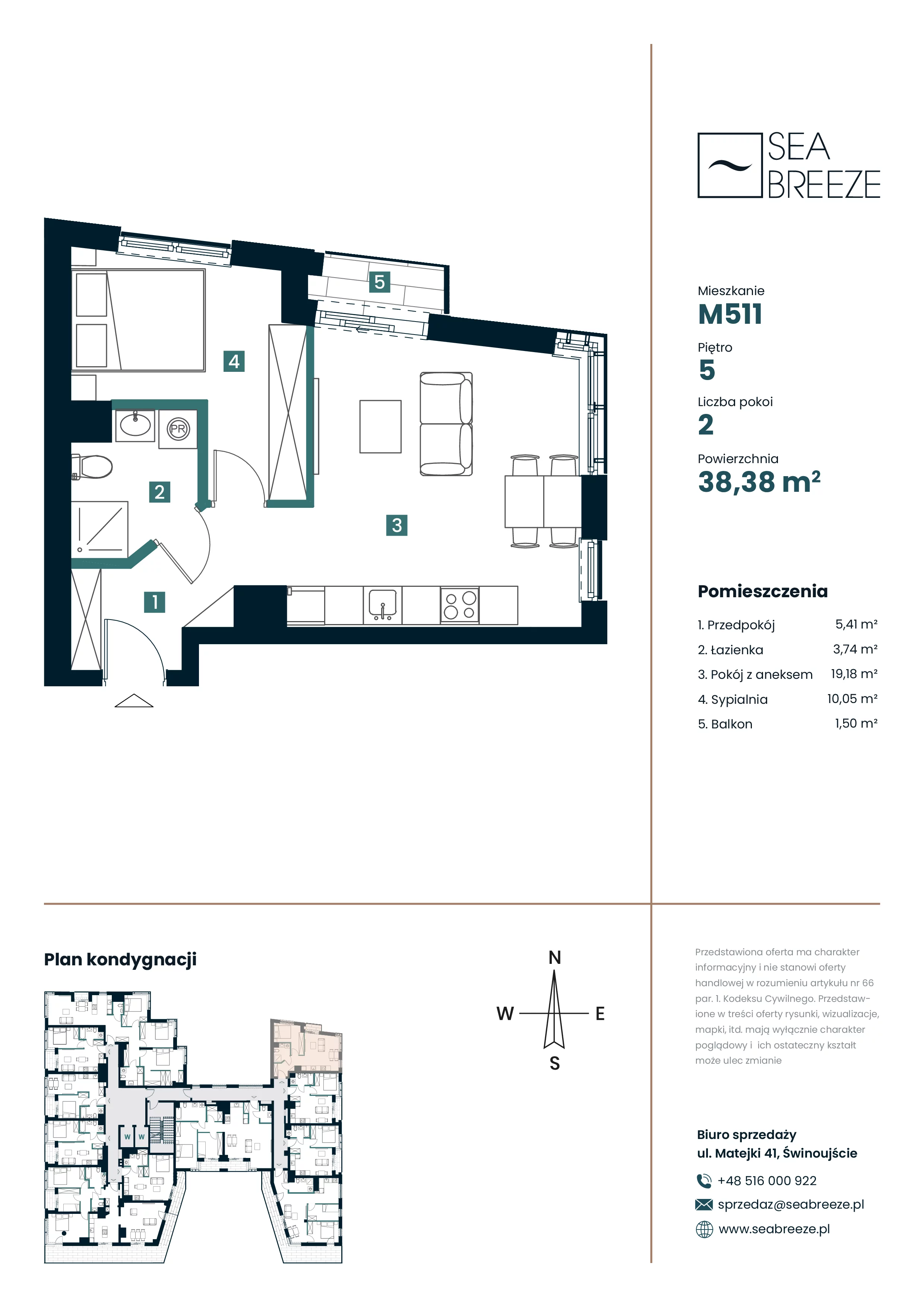 2 pokoje, mieszkanie 38,38 m², piętro 5, oferta nr M511, SeaBreeze, Świnoujście, Osiedle Matejki, ul. Jana Matejki 41