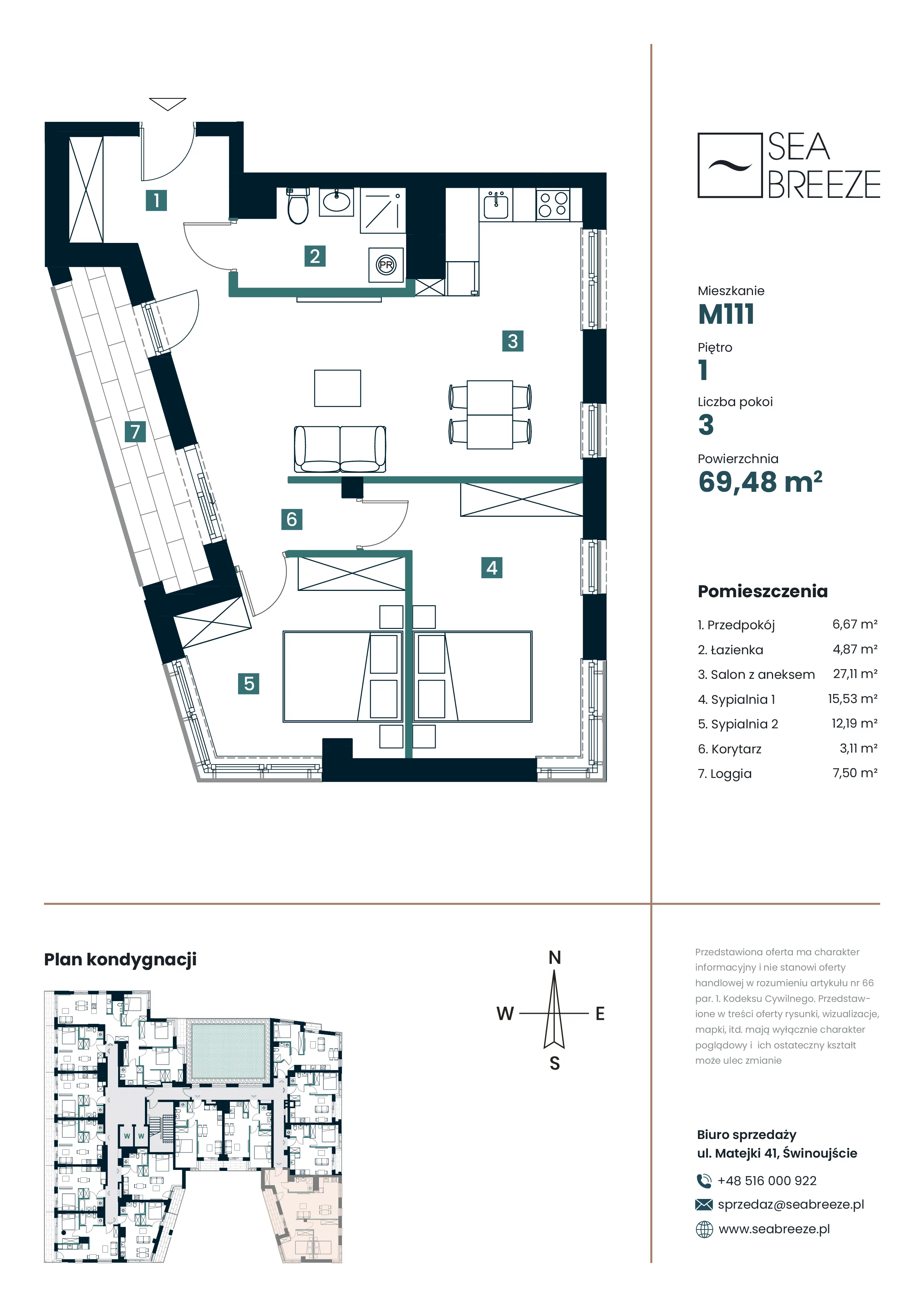3 pokoje, apartament 69,48 m², piętro 1, oferta nr M111, SeaBreeze, Świnoujście, Osiedle Matejki, ul. Jana Matejki 41