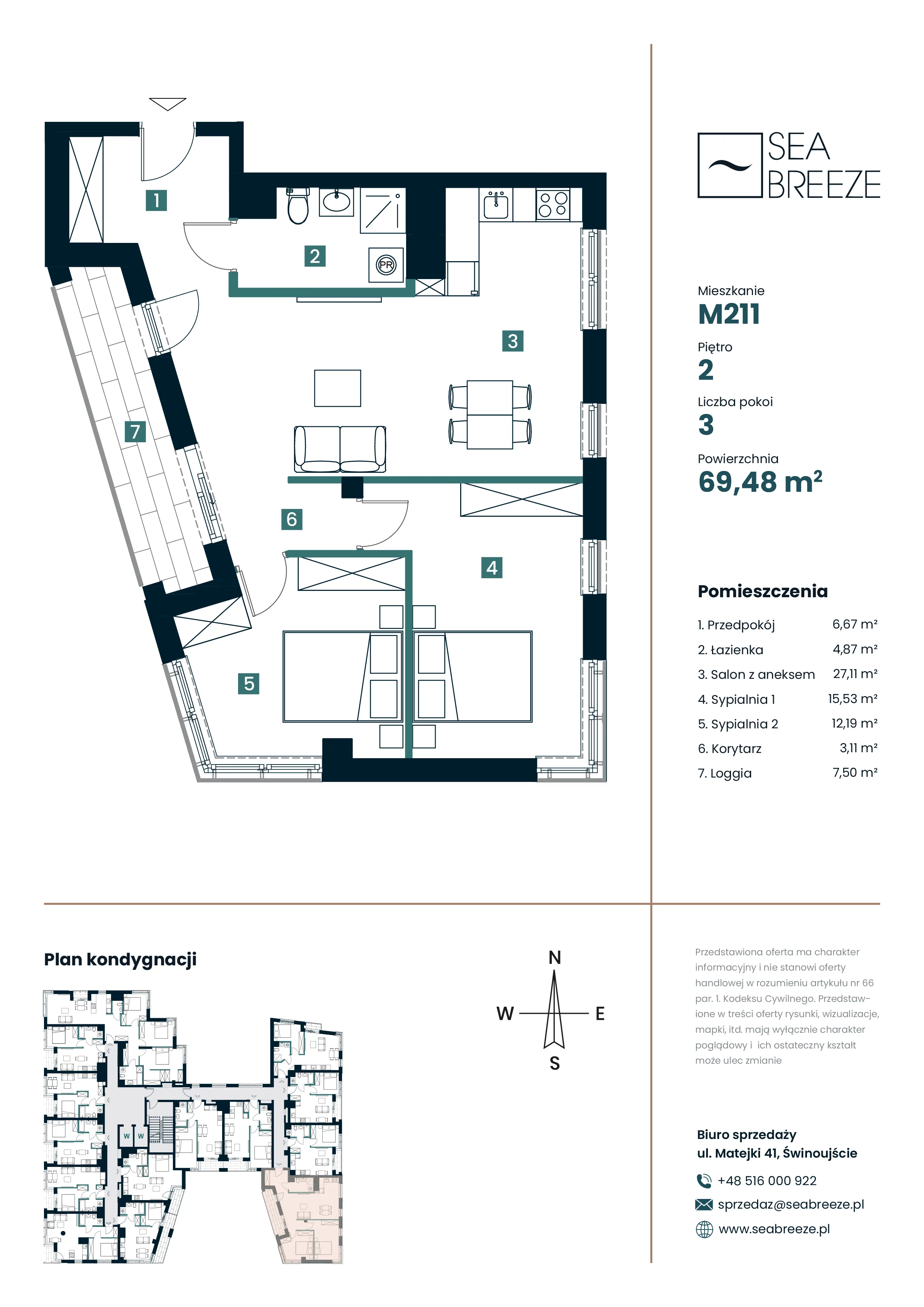 3 pokoje, apartament 69,48 m², piętro 2, oferta nr M211, SeaBreeze, Świnoujście, Osiedle Matejki, ul. Jana Matejki 41