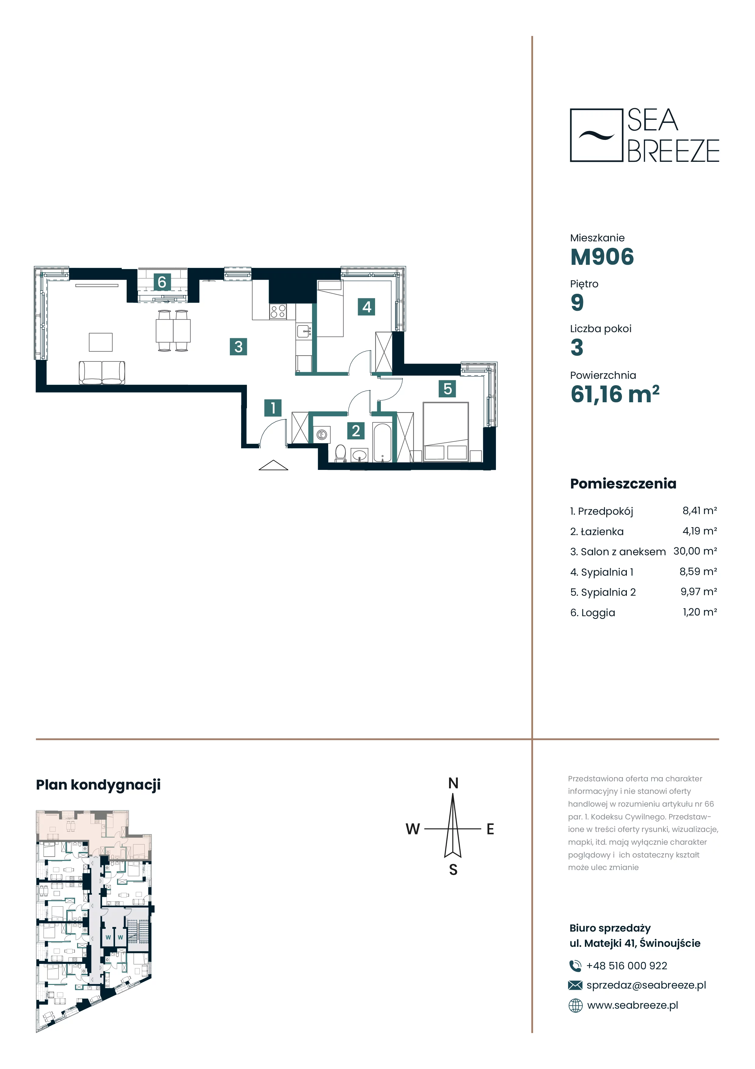3 pokoje, apartament 61,16 m², piętro 9, oferta nr M906, SeaBreeze, Świnoujście, Osiedle Matejki, ul. Jana Matejki 41