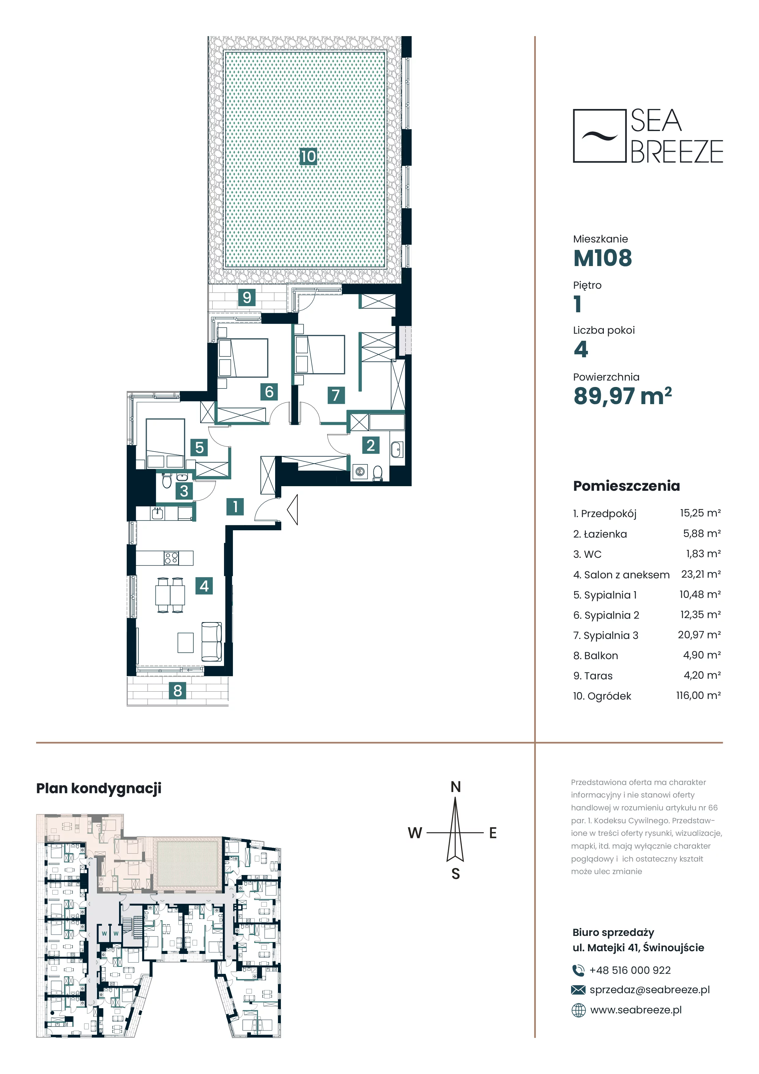 4 pokoje, apartament 89,97 m², piętro 1, oferta nr M108, SeaBreeze, Świnoujście, Osiedle Matejki, ul. Jana Matejki 41