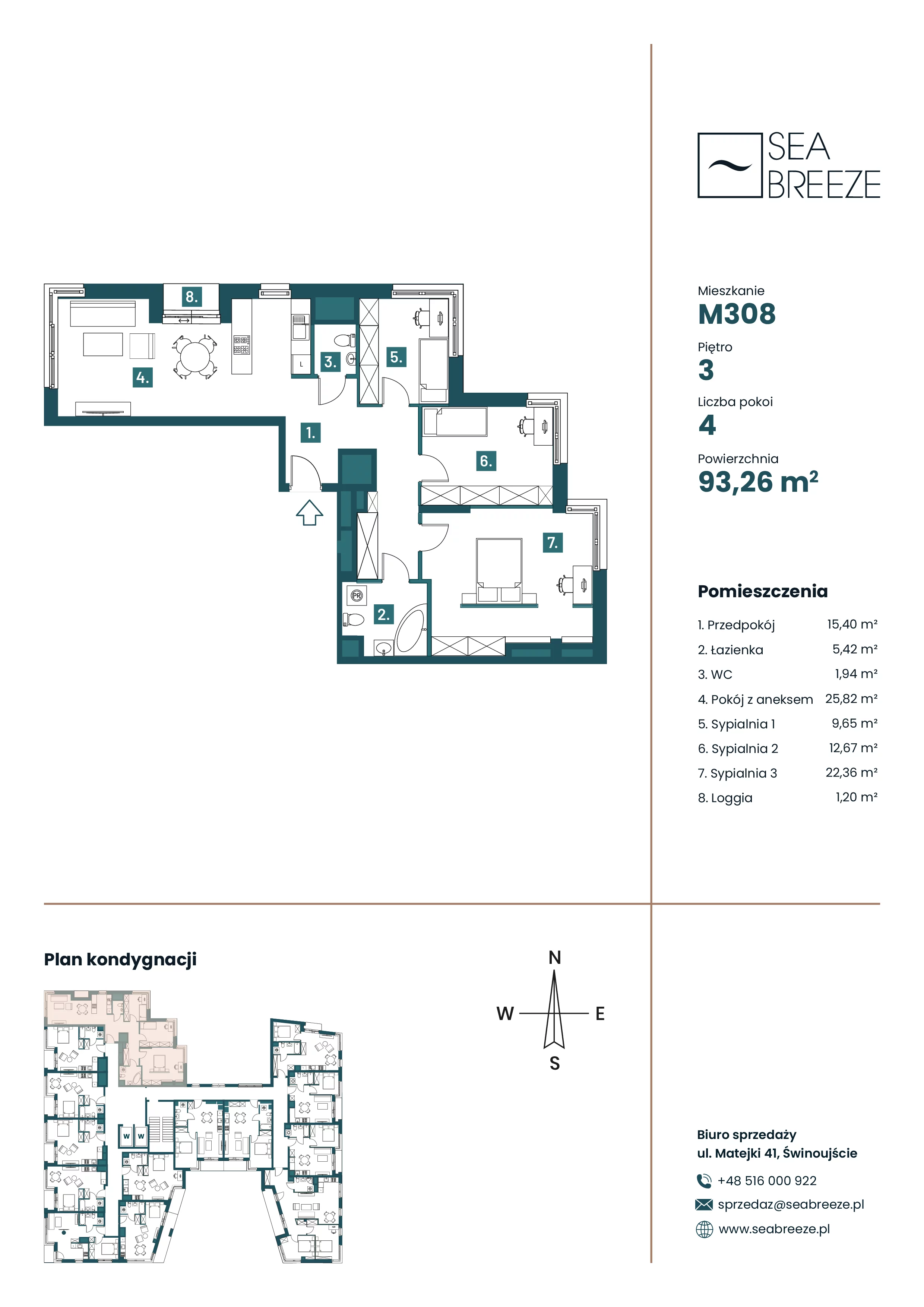 4 pokoje, mieszkanie 93,13 m², piętro 3, oferta nr M308, SeaBreeze, Świnoujście, Osiedle Matejki, ul. Jana Matejki 41