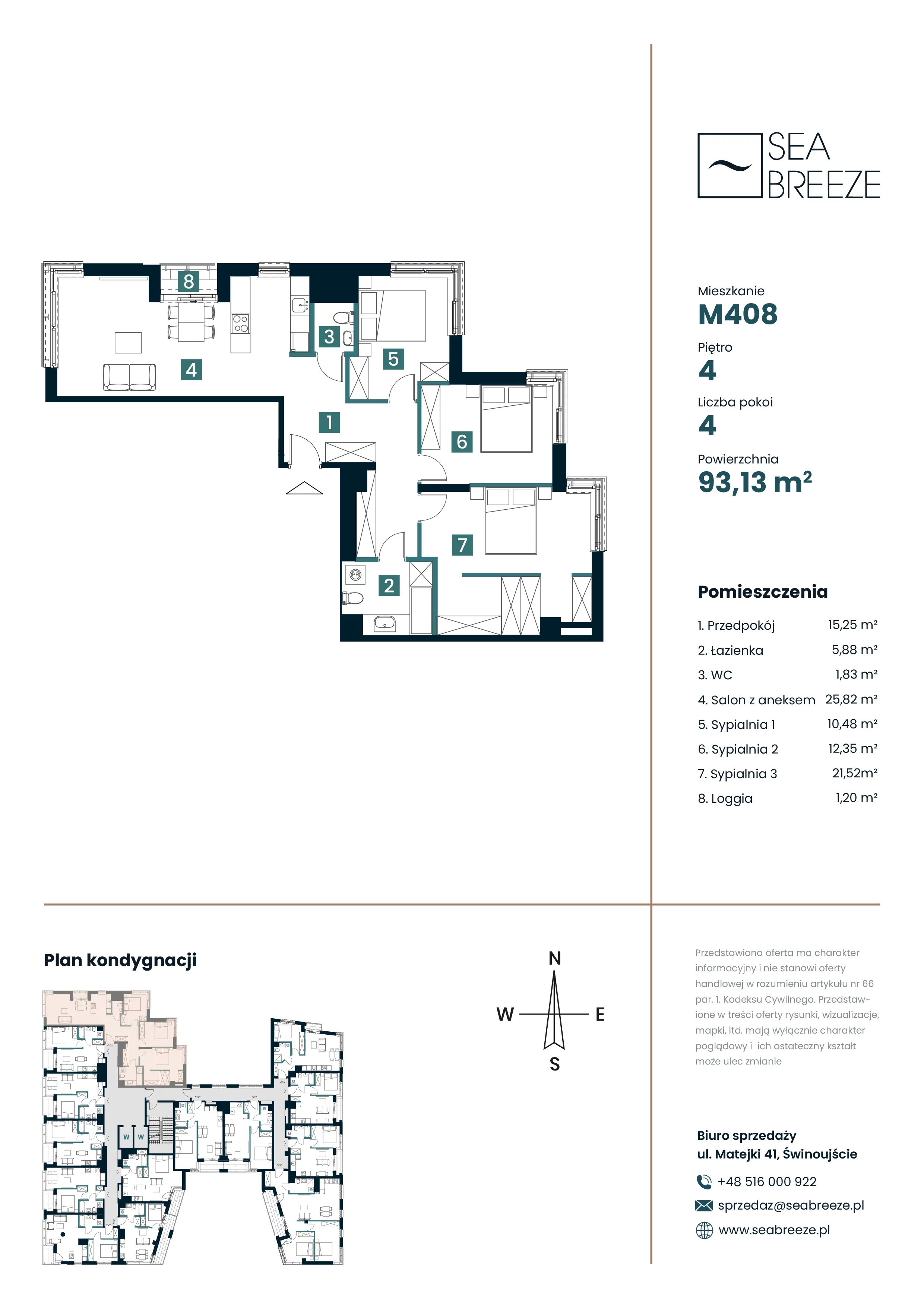 4 pokoje, mieszkanie 93,13 m², piętro 4, oferta nr M408, SeaBreeze, Świnoujście, Osiedle Matejki, ul. Jana Matejki 41