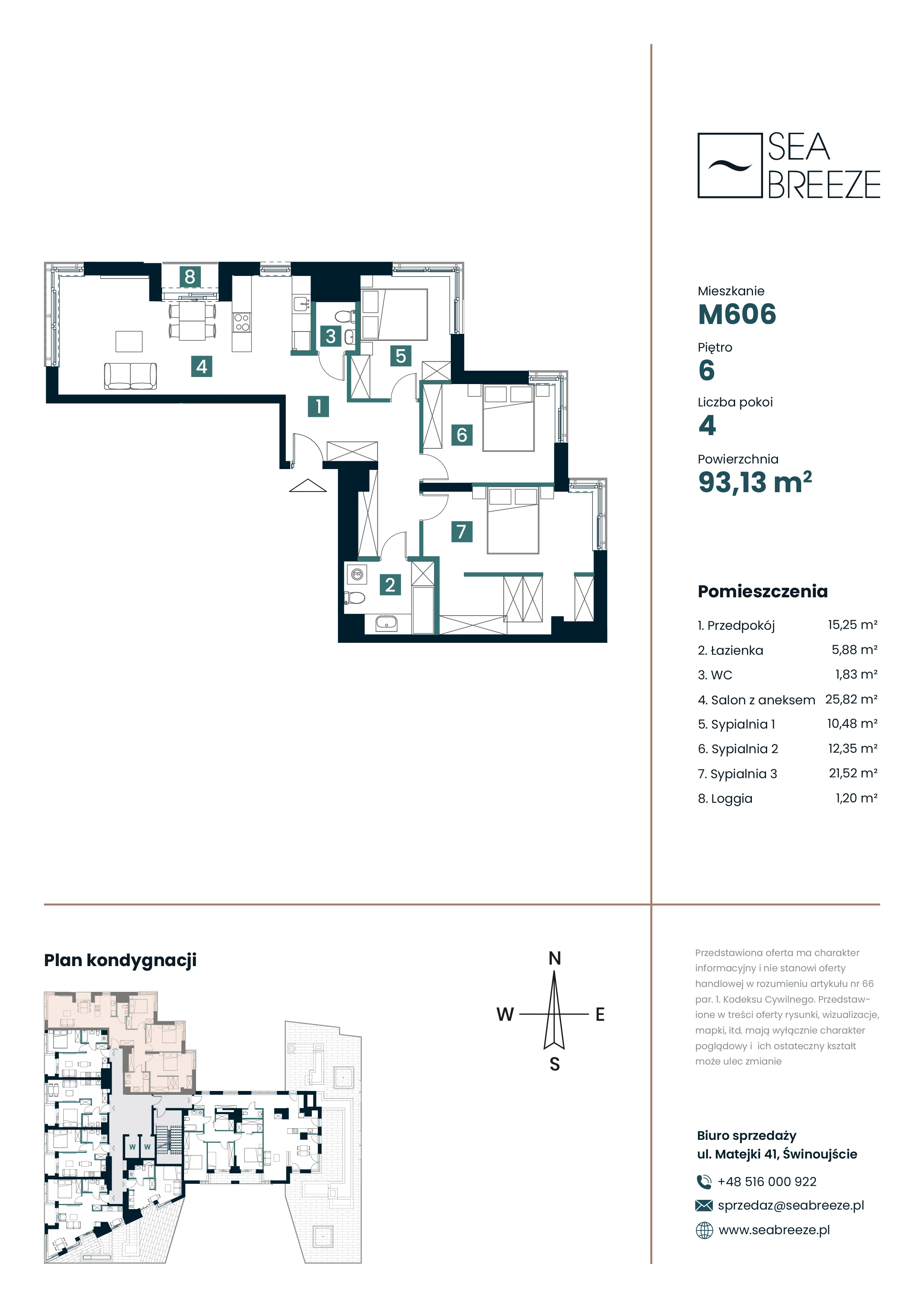 4 pokoje, mieszkanie 93,13 m², piętro 6, oferta nr M606, SeaBreeze, Świnoujście, Osiedle Matejki, ul. Jana Matejki 41