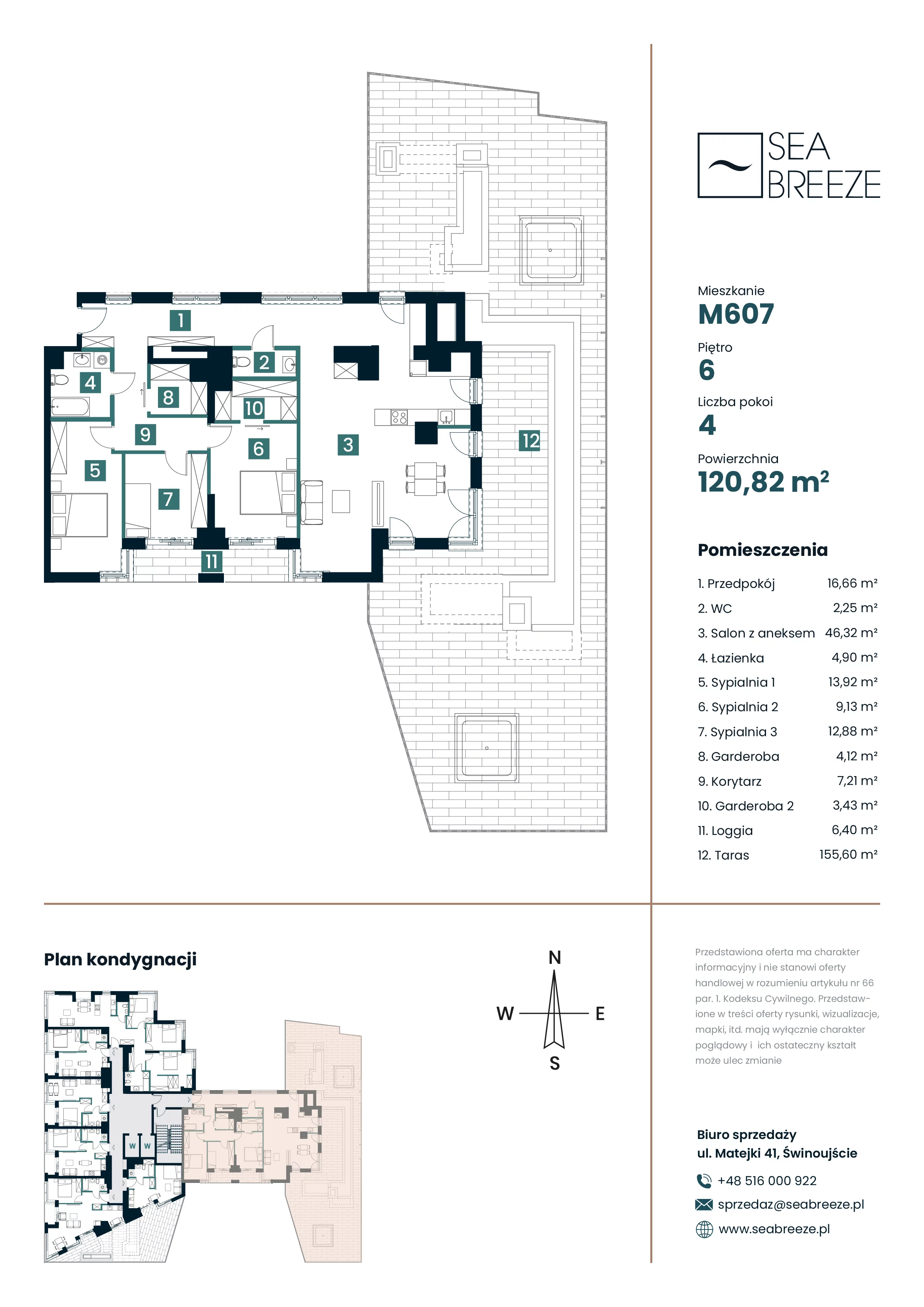 4 pokoje, apartament 120,82 m², piętro 6, oferta nr M607, SeaBreeze, Świnoujście, Osiedle Matejki, ul. Jana Matejki 41