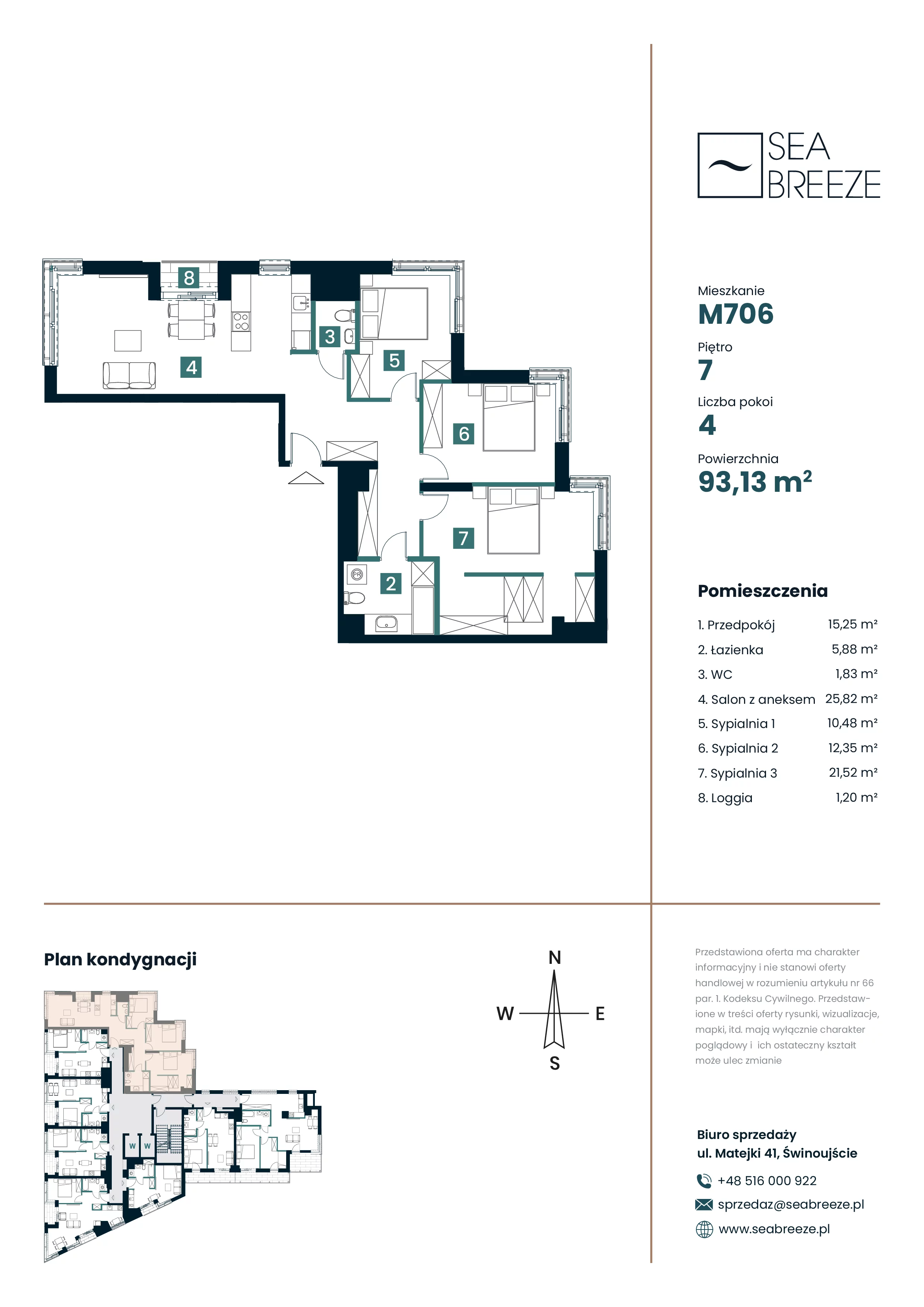 4 pokoje, apartament 93,13 m², piętro 7, oferta nr M706, SeaBreeze, Świnoujście, Osiedle Matejki, ul. Jana Matejki 41