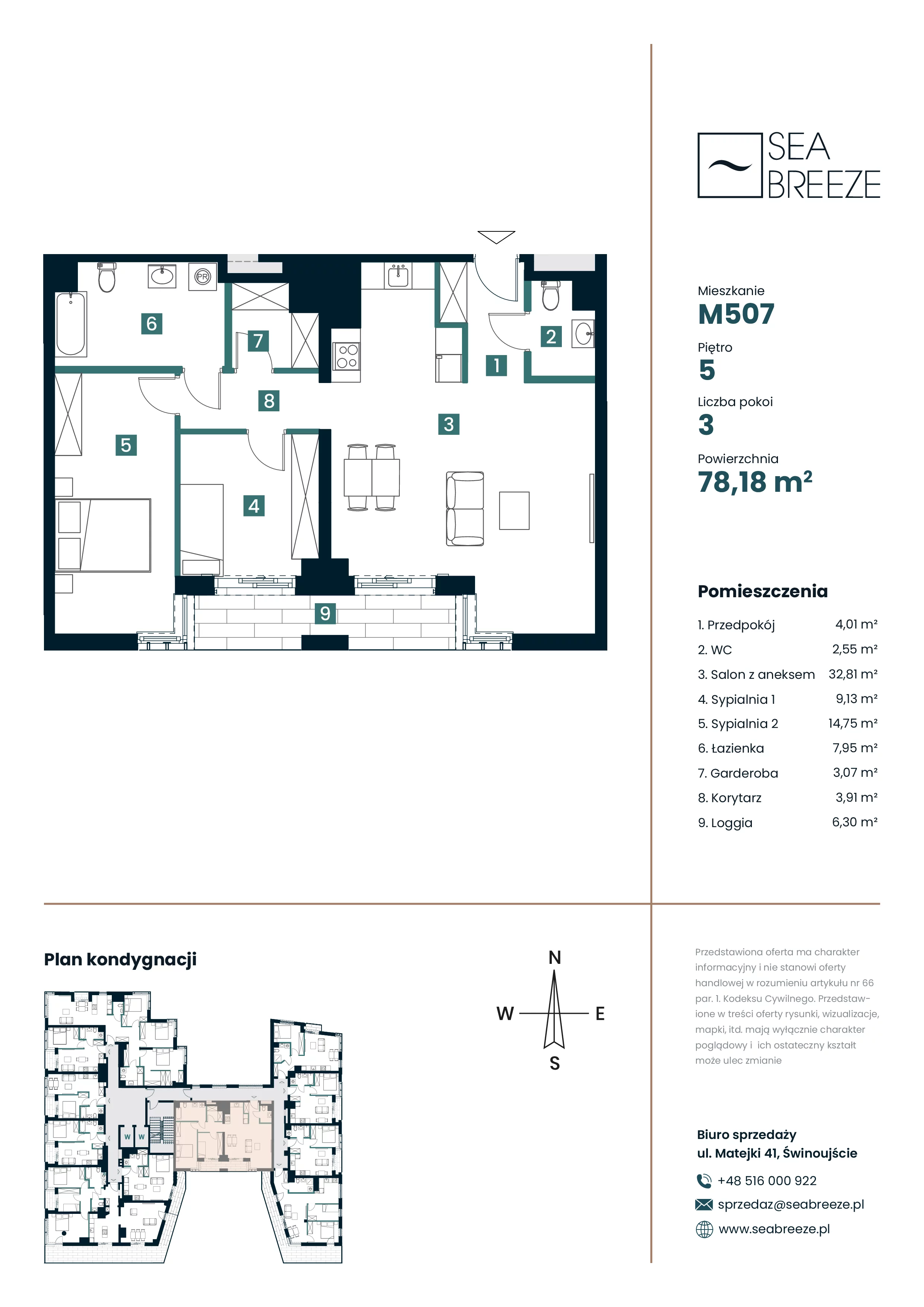 4 pokoje, apartament 78,18 m², piętro 5, oferta nr M507, SeaBreeze, Świnoujście, Osiedle Matejki, ul. Jana Matejki 41