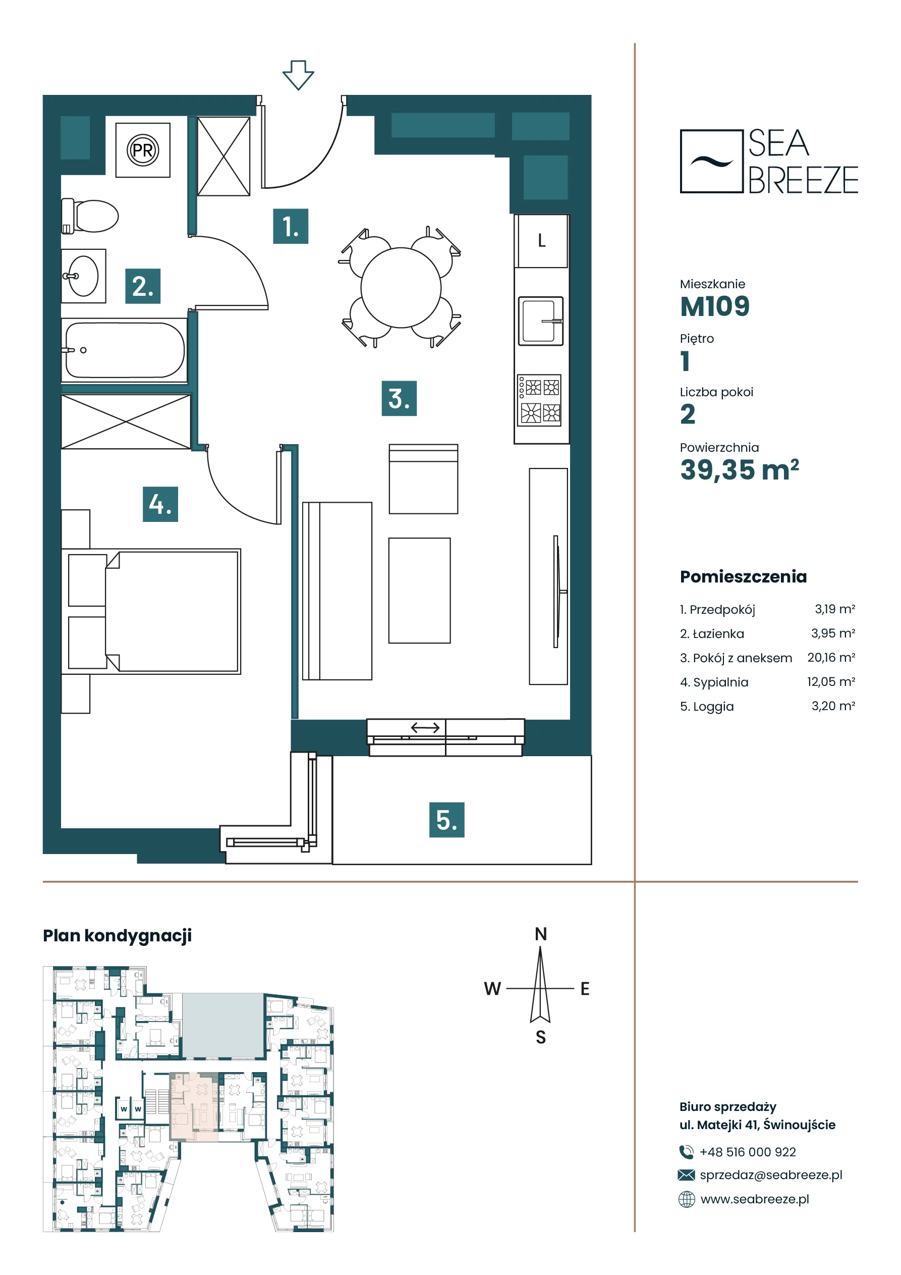 2 pokoje, mieszkanie 39,33 m², piętro 1, oferta nr M109, Sea Breeze, Świnoujście, Osiedle Matejki, ul. Jana Matejki 41