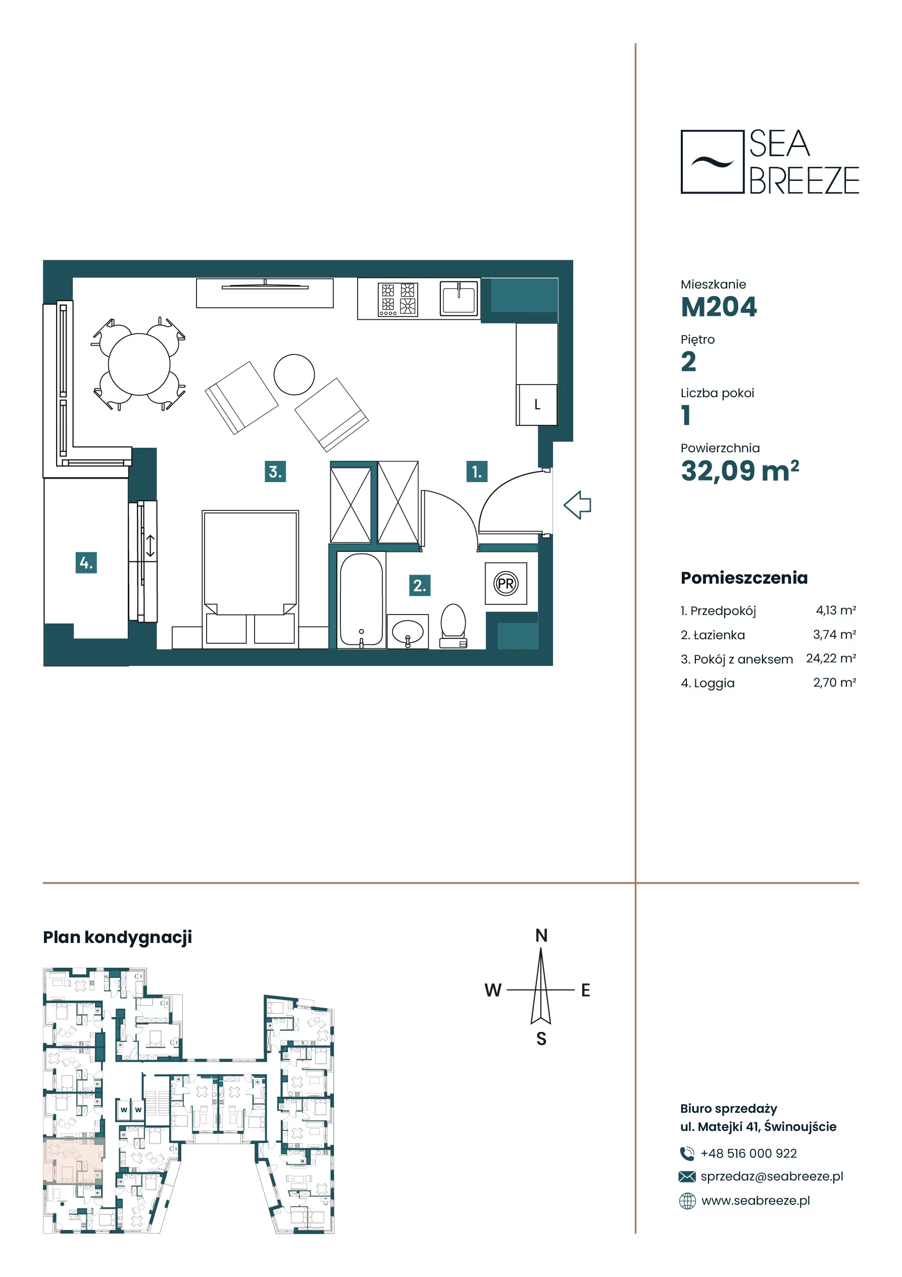 1 pokój, mieszkanie 32,04 m², piętro 2, oferta nr M204, Sea Breeze, Świnoujście, Osiedle Matejki, ul. Jana Matejki 41