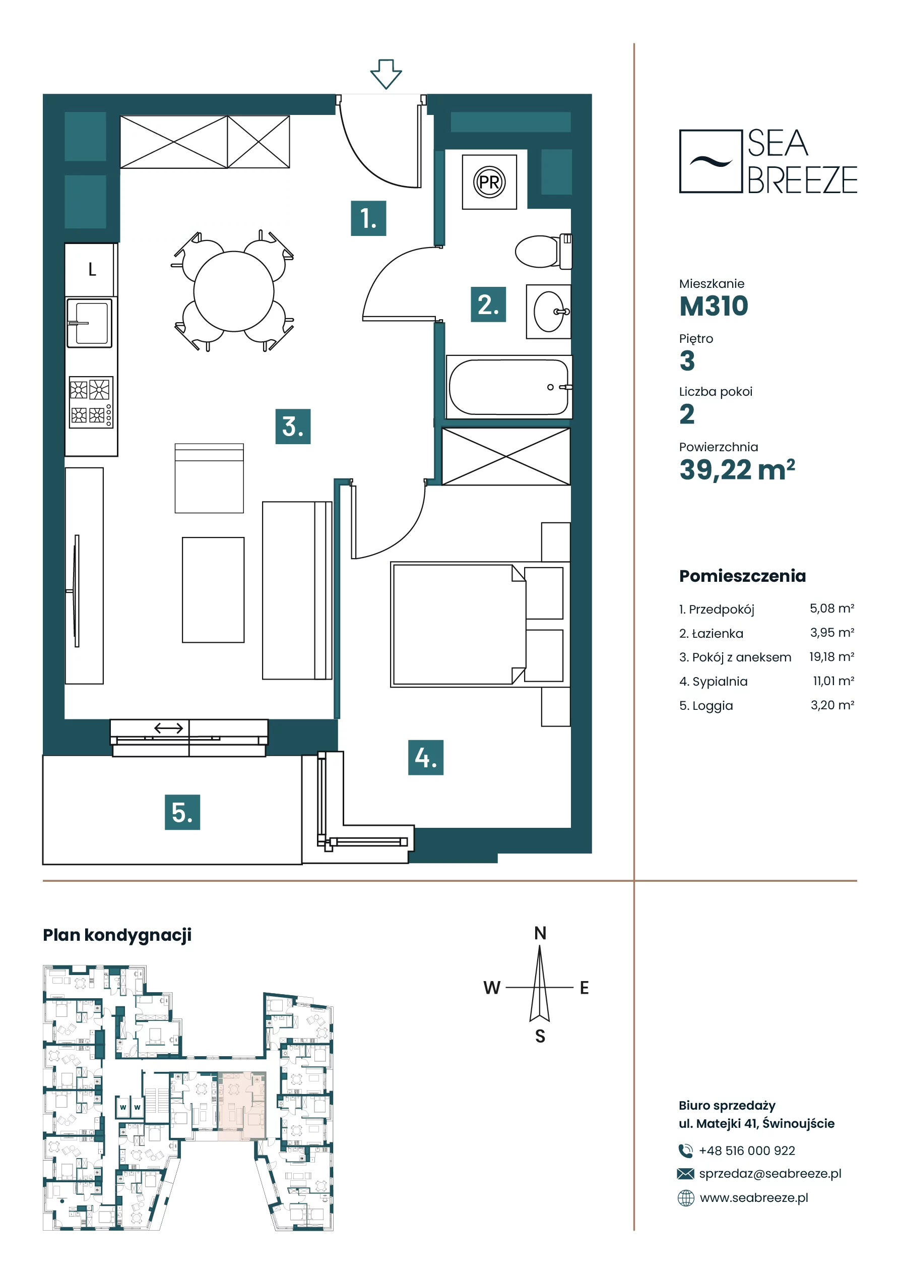 2 pokoje, mieszkanie 39,22 m², piętro 3, oferta nr M310, Sea Breeze, Świnoujście, Osiedle Matejki, ul. Jana Matejki 41