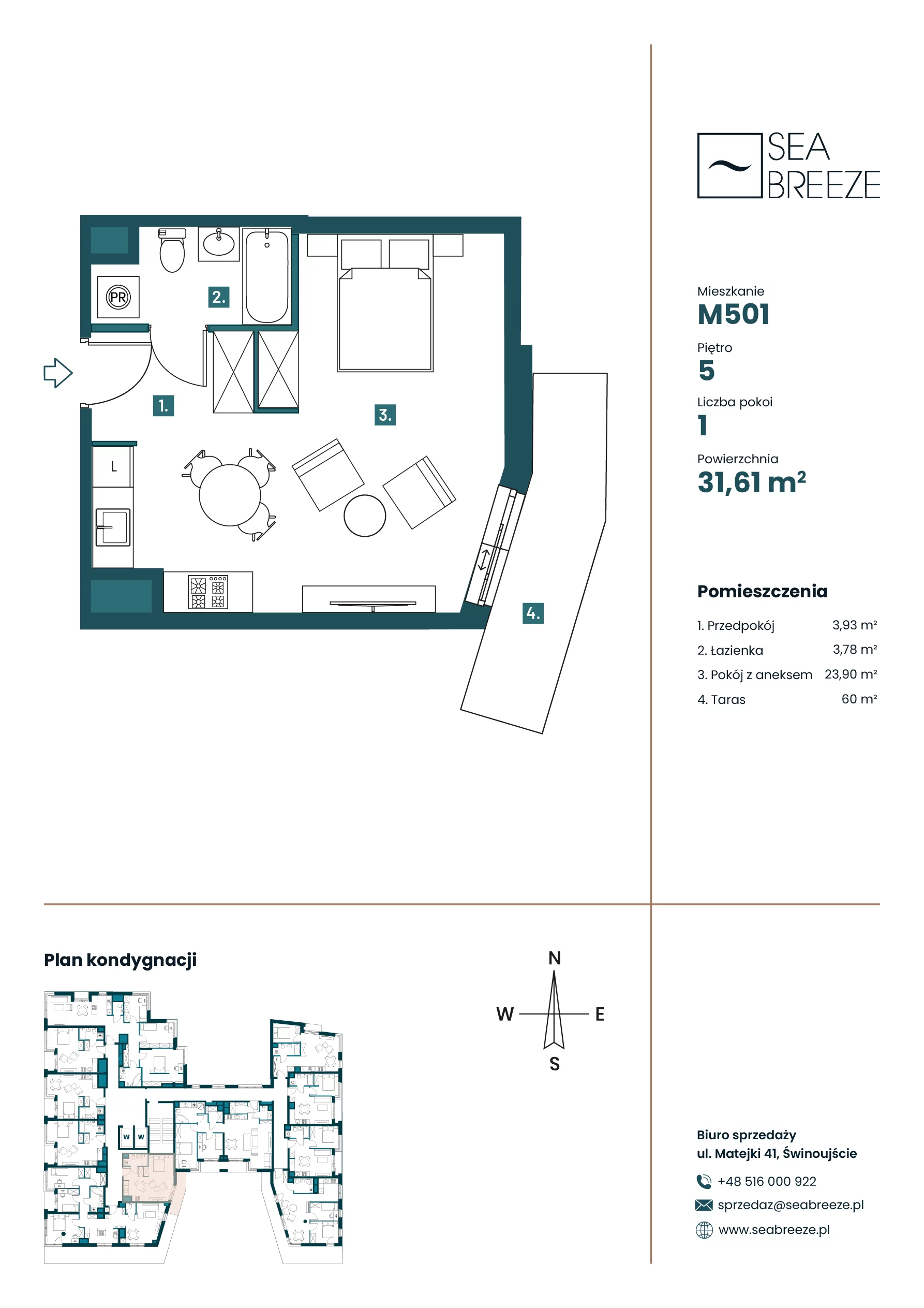 2 pokoje, mieszkanie 31,61 m², piętro 5, oferta nr M501, Sea Breeze, Świnoujście, Osiedle Matejki, ul. Jana Matejki 41