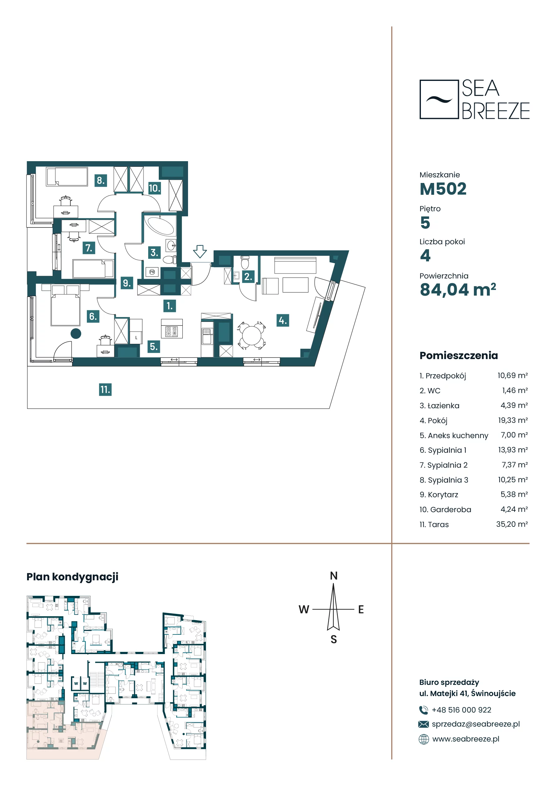 4 pokoje, mieszkanie 84,06 m², piętro 5, oferta nr M502, Sea Breeze, Świnoujście, Osiedle Matejki, ul. Jana Matejki 41