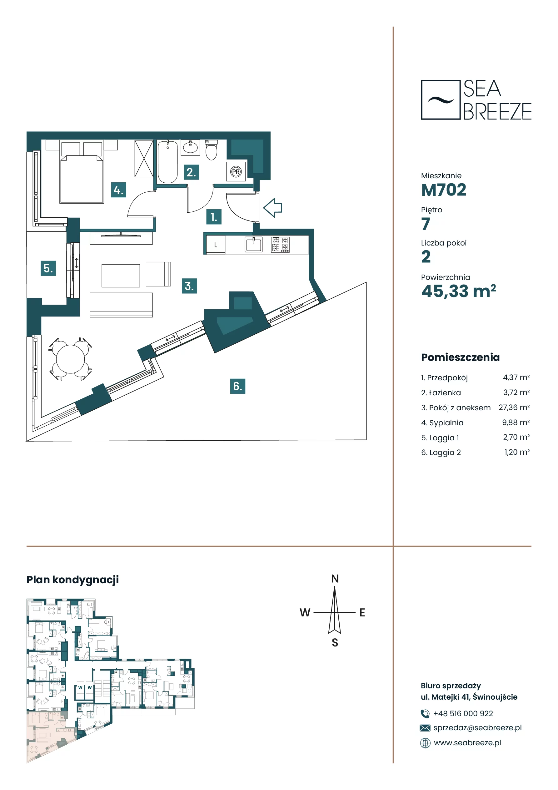 2 pokoje, mieszkanie 45,23 m², piętro 7, oferta nr M702, Sea Breeze, Świnoujście, Osiedle Matejki, ul. Jana Matejki 41