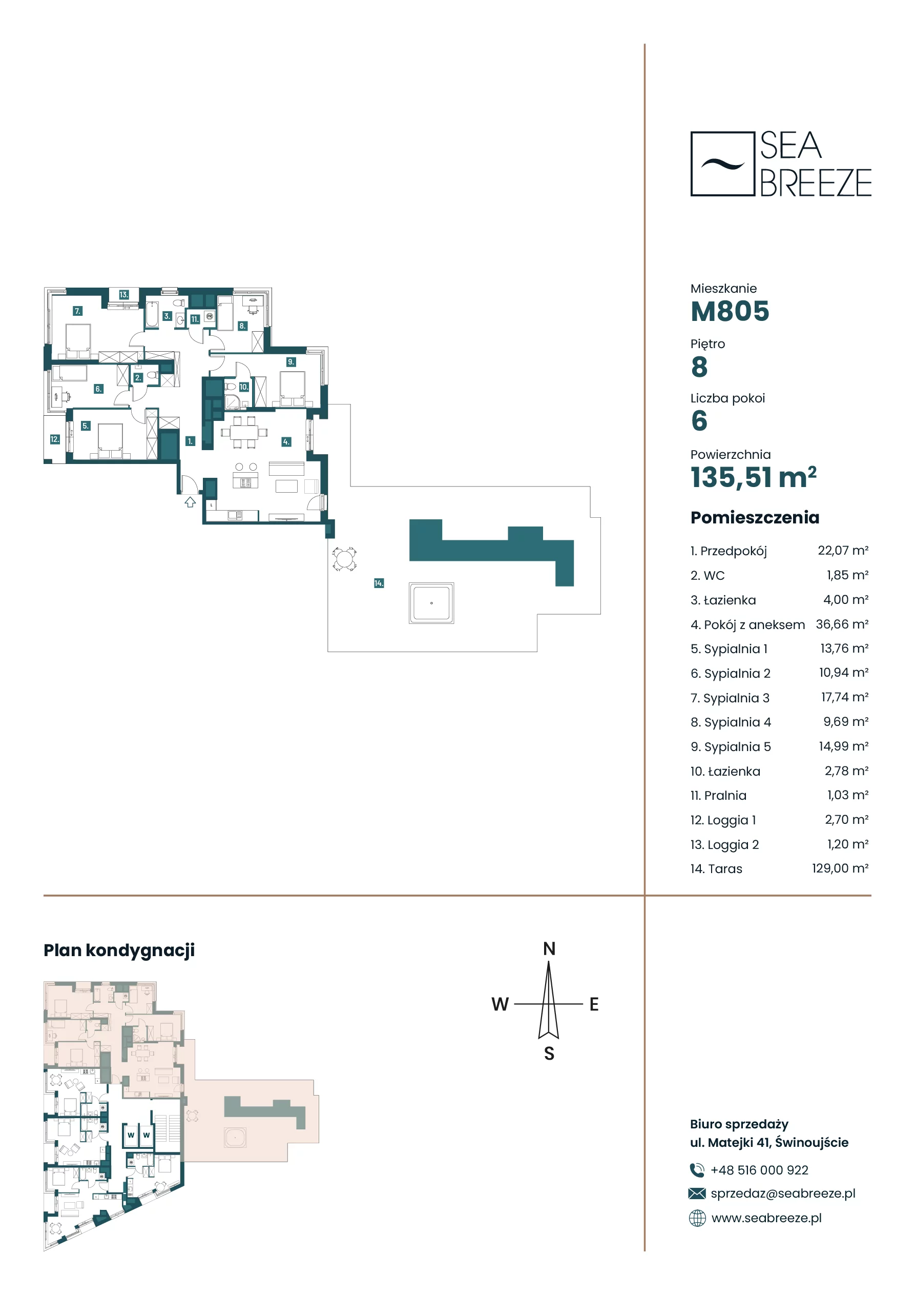 6 pokoi, mieszkanie 136,23 m², piętro 8, oferta nr M805, Sea Breeze, Świnoujście, Osiedle Matejki, ul. Jana Matejki 41