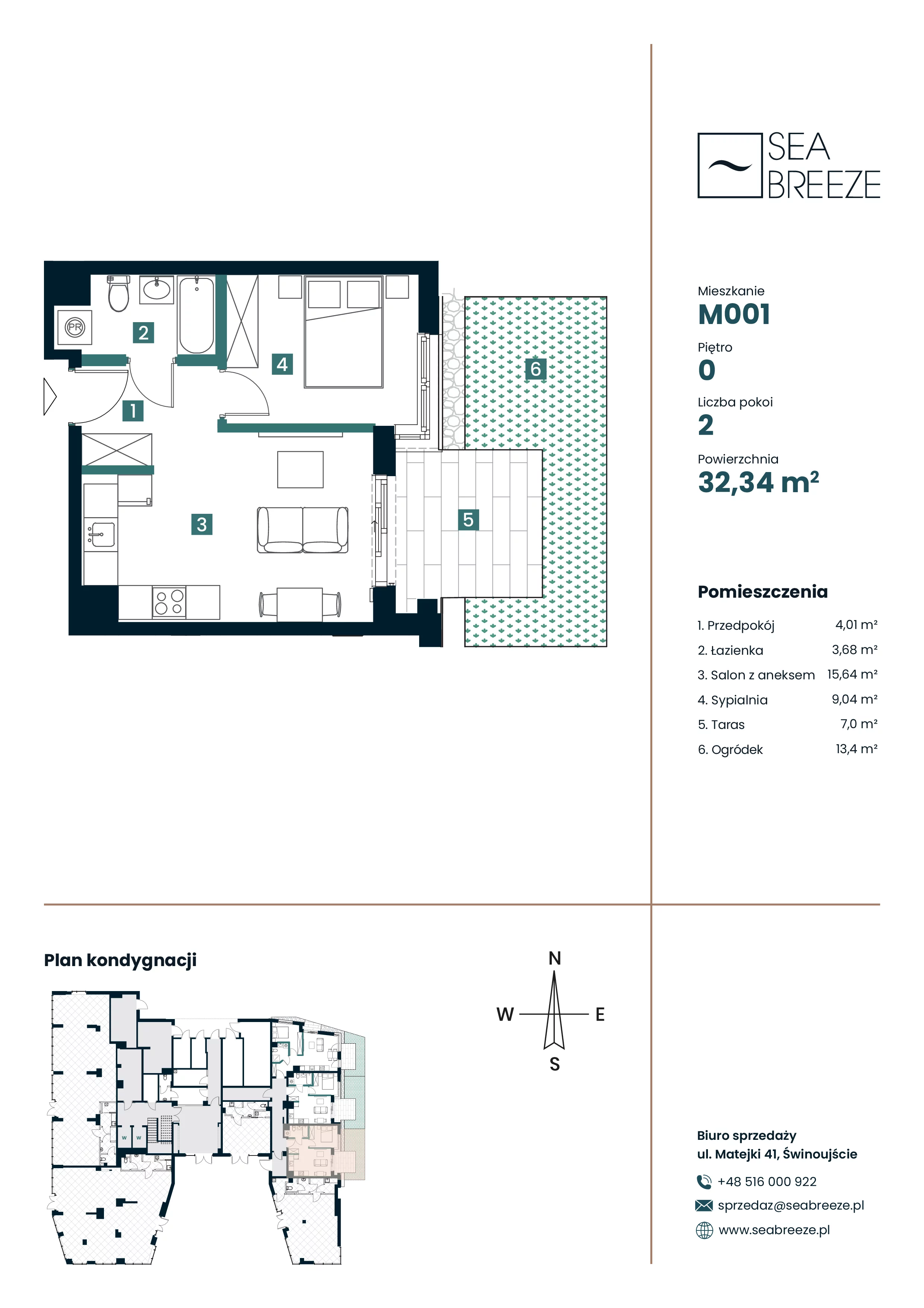 2 pokoje, apartament 32,34 m², parter, oferta nr M001, SeaBreeze, Świnoujście, Osiedle Matejki, ul. Jana Matejki 41