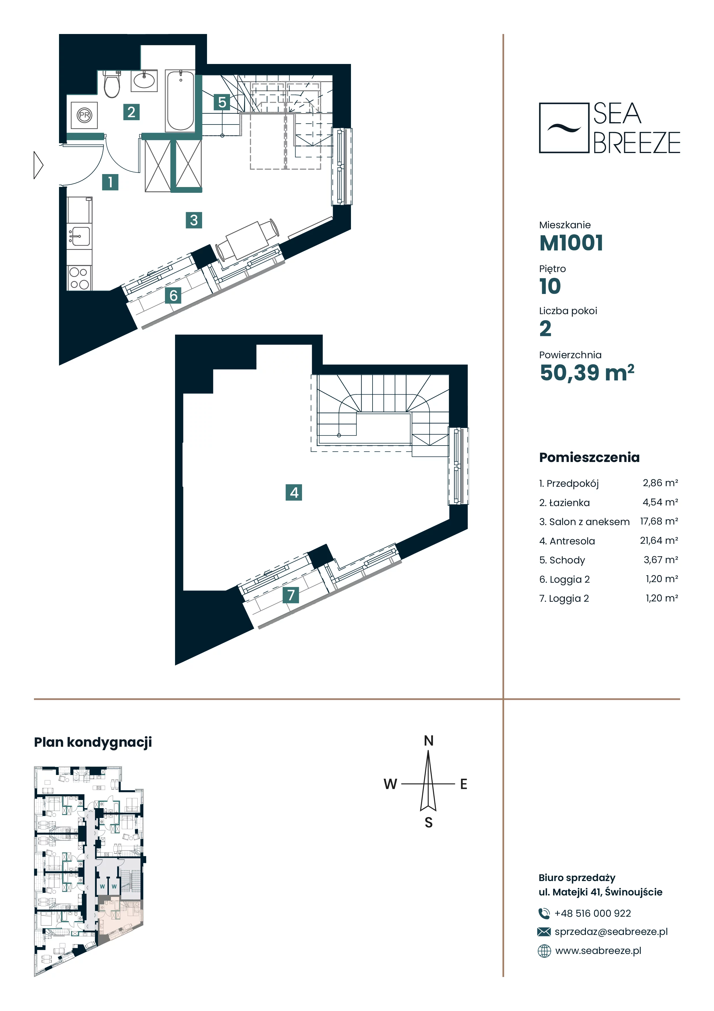 2 pokoje, apartament 50,39 m², piętro 10, oferta nr M1001, SeaBreeze, Świnoujście, Osiedle Matejki, ul. Jana Matejki 41